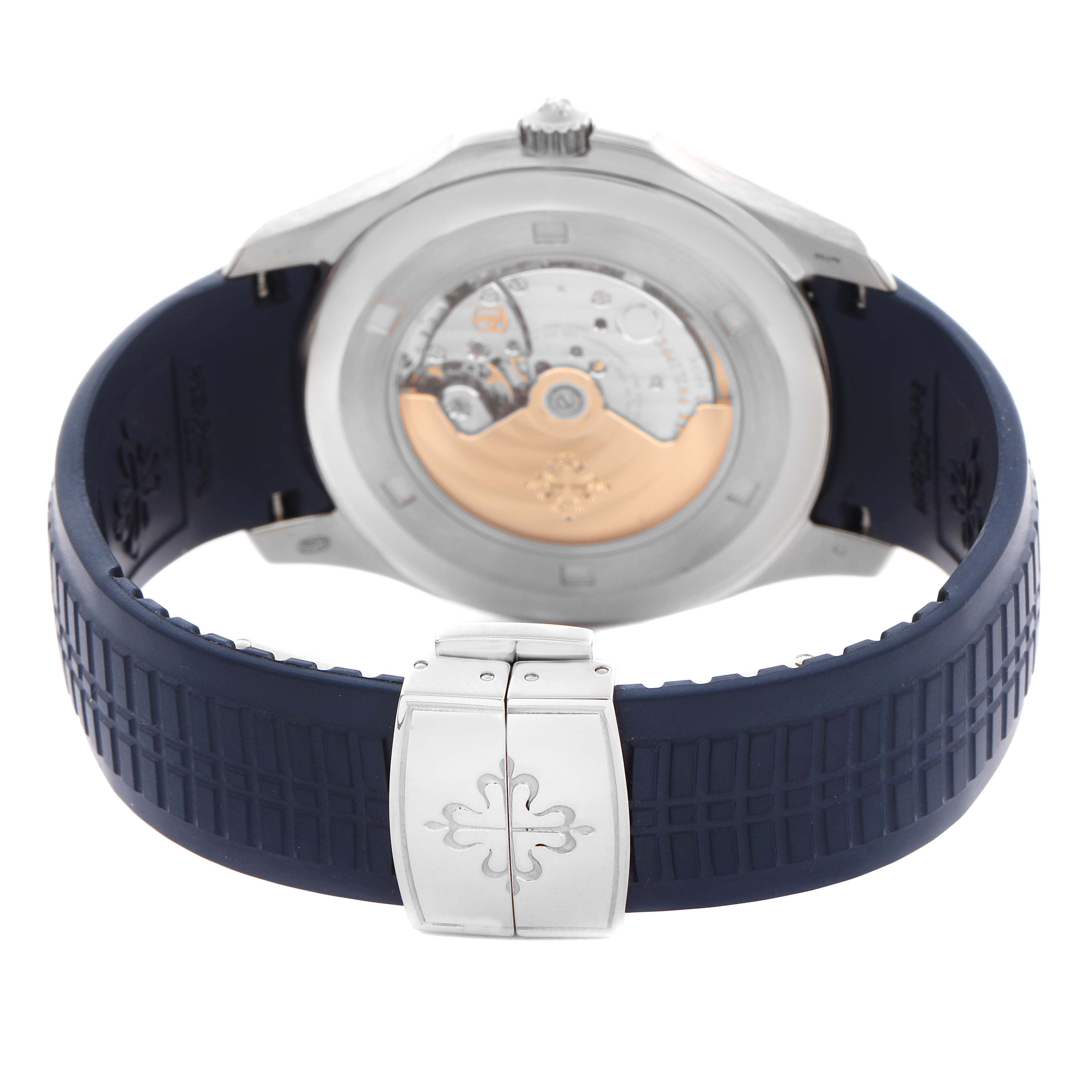 The Patek Philippe Aquanaut 5168G-001 Men's White Gold Blue Dial 5168G-001 Men's White Gold Blue Dial is shown from the back, displaying the movement and clasp on the strap.