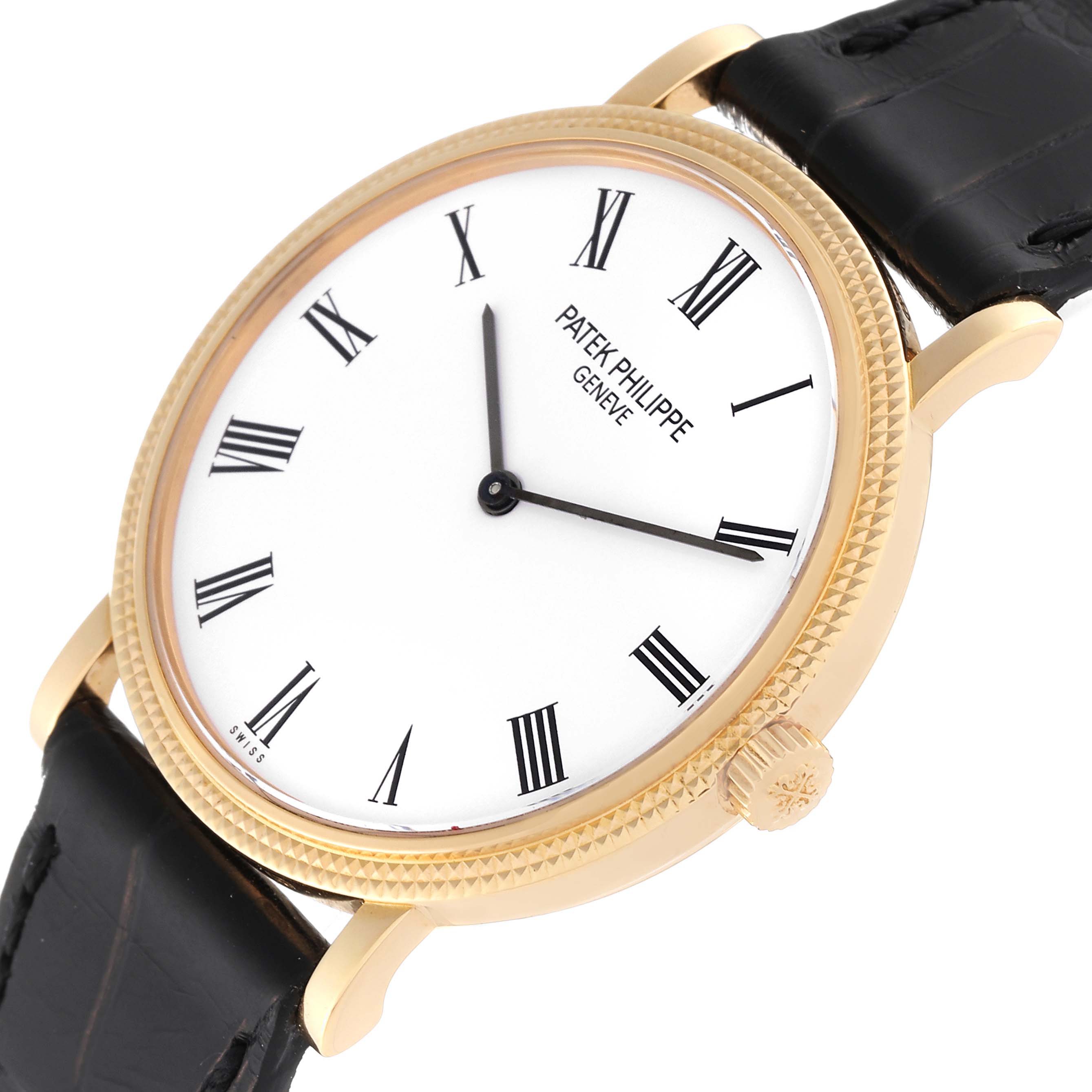 The image shows a Patek Philippe Calatrava 5120J Men
s Yellow Gold White Dial 5120J Men
s Yellow Gold White Dial watch from a perspective angle, highlighting its dial, bezel, crown, and leather strap.