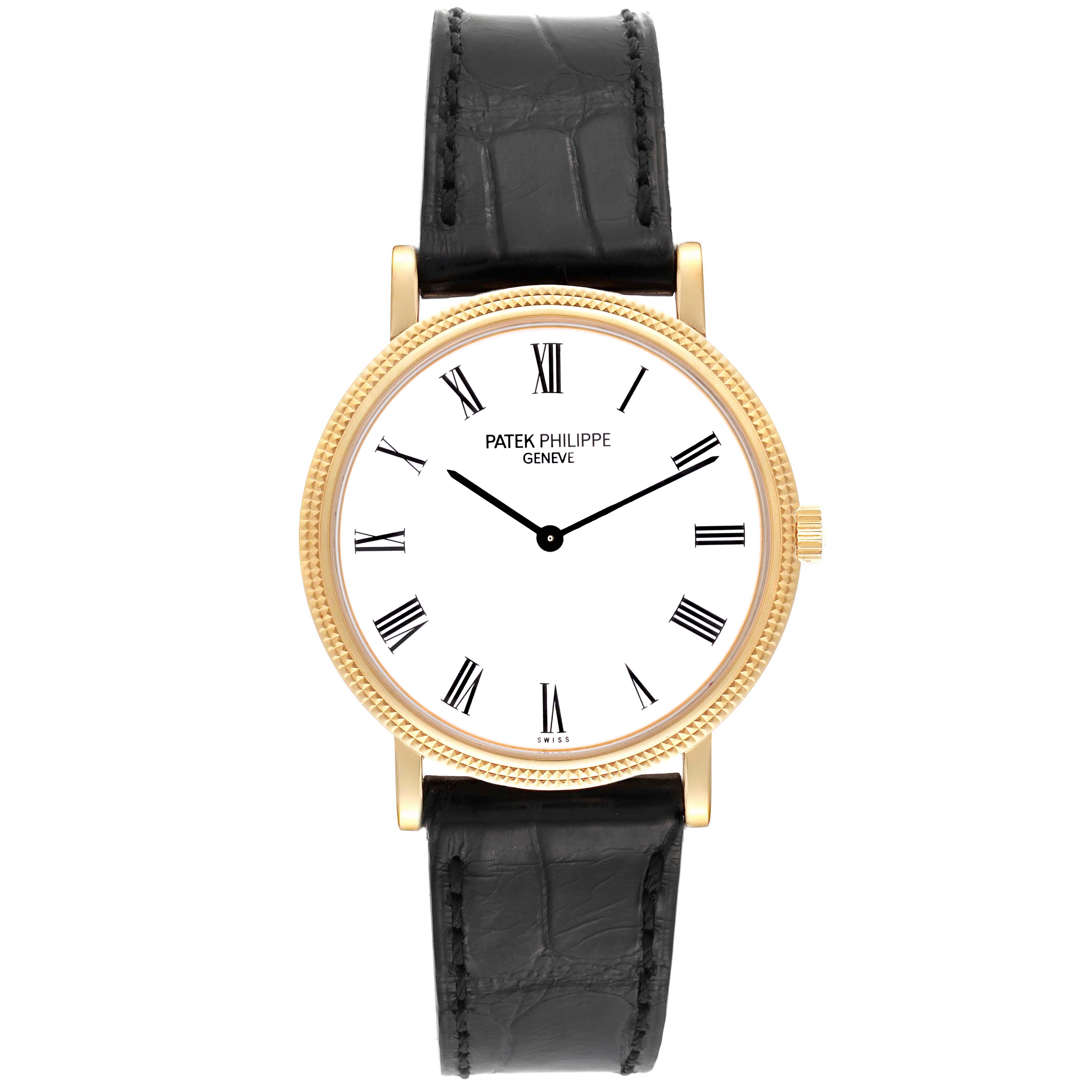 The image is a front view of a Patek Philippe Calatrava 5120J Men
s Yellow Gold White Dial 5120J Men
s Yellow Gold White Dial watch showing the dial, bezel, crown, and leather strap.