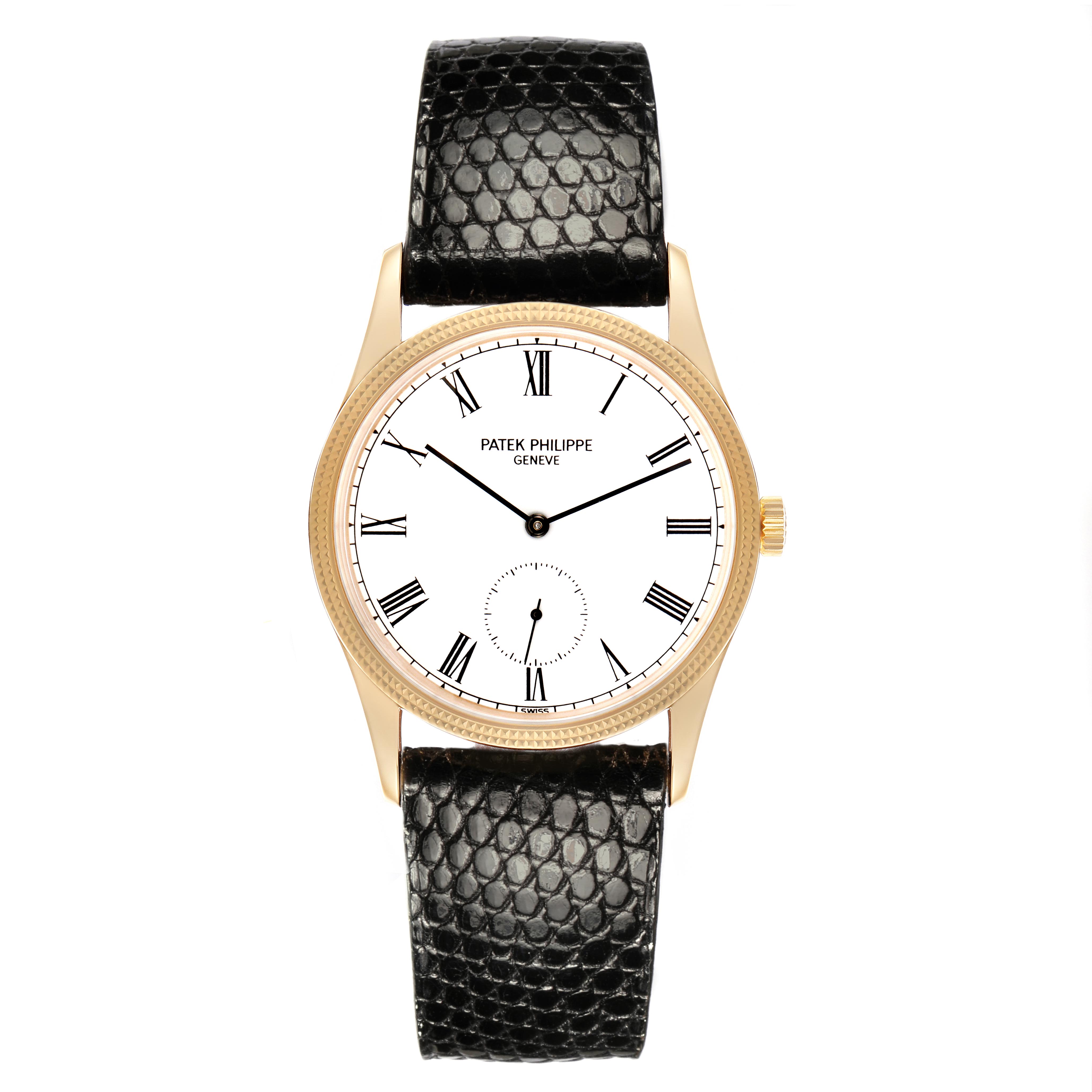 The image shows a front view of the Patek Philippe Calatrava 3796J Men
s Yellow Gold White Dial 3796J Men
s Yellow Gold White Dial watch, featuring the dial and leather strap.