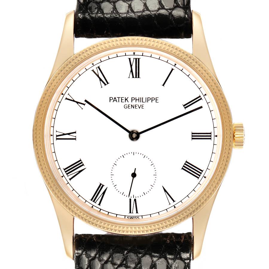 The image shows a frontal view of the Patek Philippe Calatrava, highlighting the dial, hands, and textured bezel.