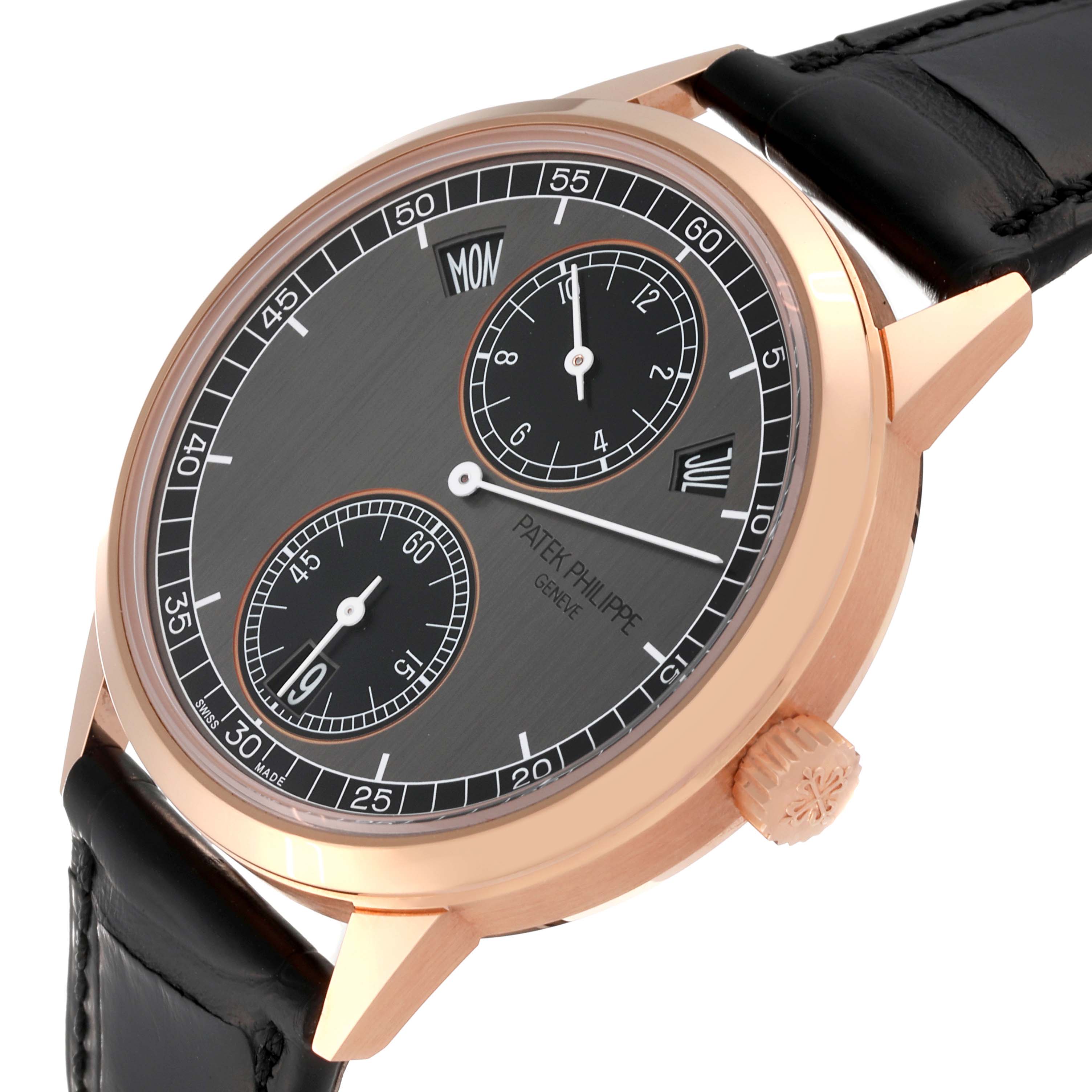 The image shows a side view of the Patek Philippe Complications 5235/50R-001 Men's Rose Gold Black Dial 5235/50R-001 Men's Rose Gold Black Dial watch, highlighting the face, crown, and leather strap.