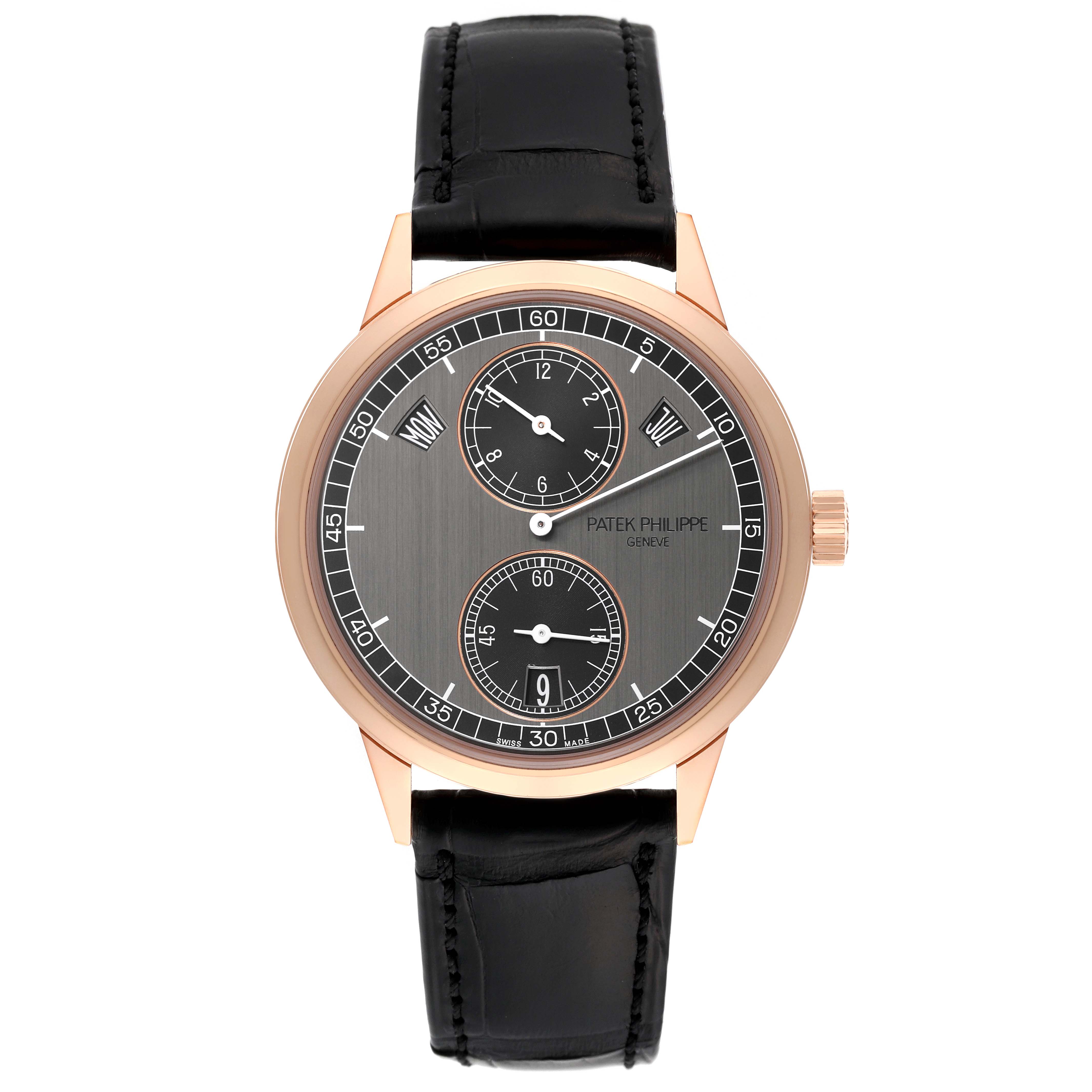 This Patek Philippe Complications 5235/50R-001 Men's Rose Gold Black Dial 5235/50R-001 Men's Rose Gold Black Dial watch is shown from a top-down angle, displaying the face, bezel, and black leather strap.
