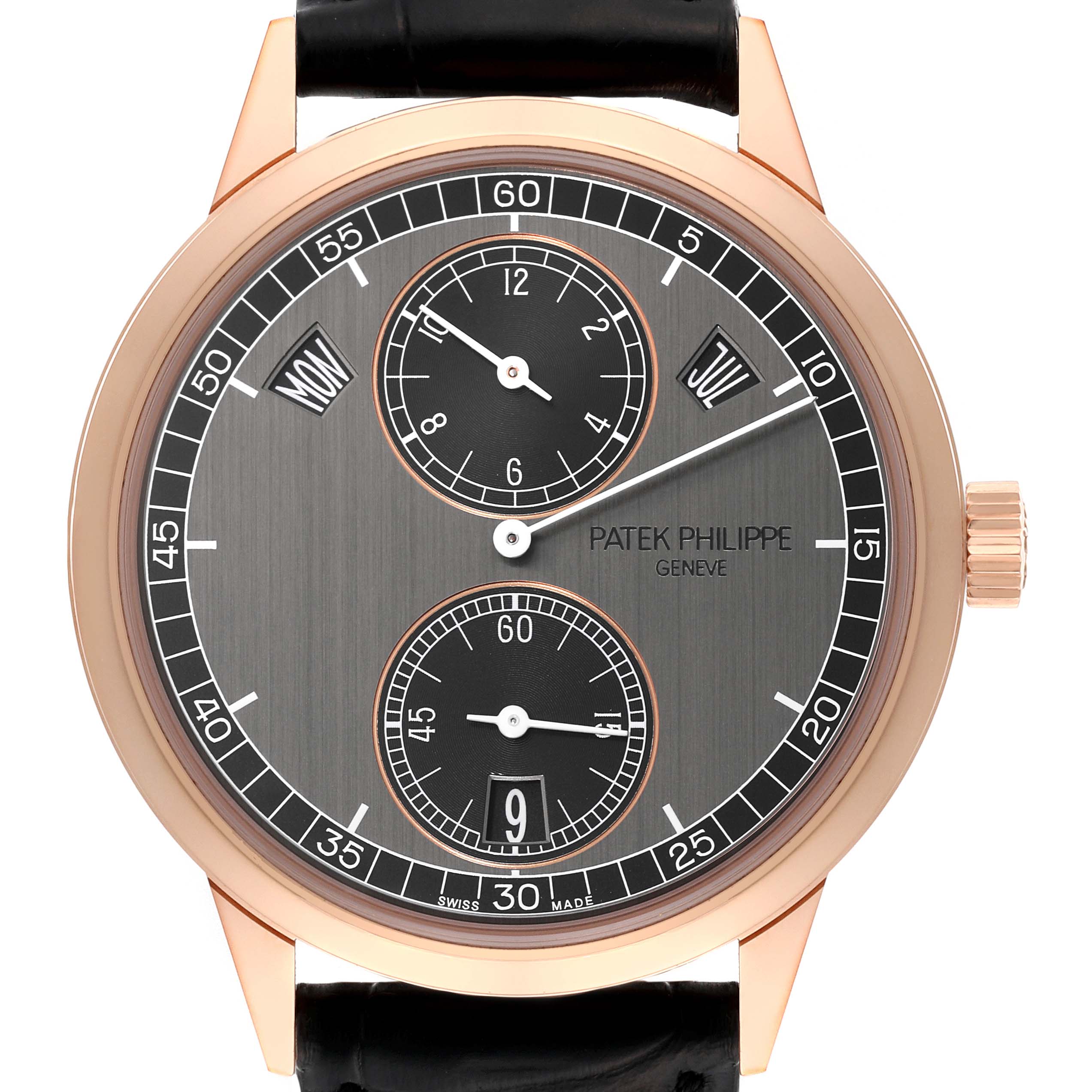 The image shows a front view of a Patek Philippe Complications 5235/50R-001 Men's Rose Gold Black Dial 5235/50R-001 Men's Rose Gold Black Dial model watch, highlighting the face, hands, numerals, and sub-dials.