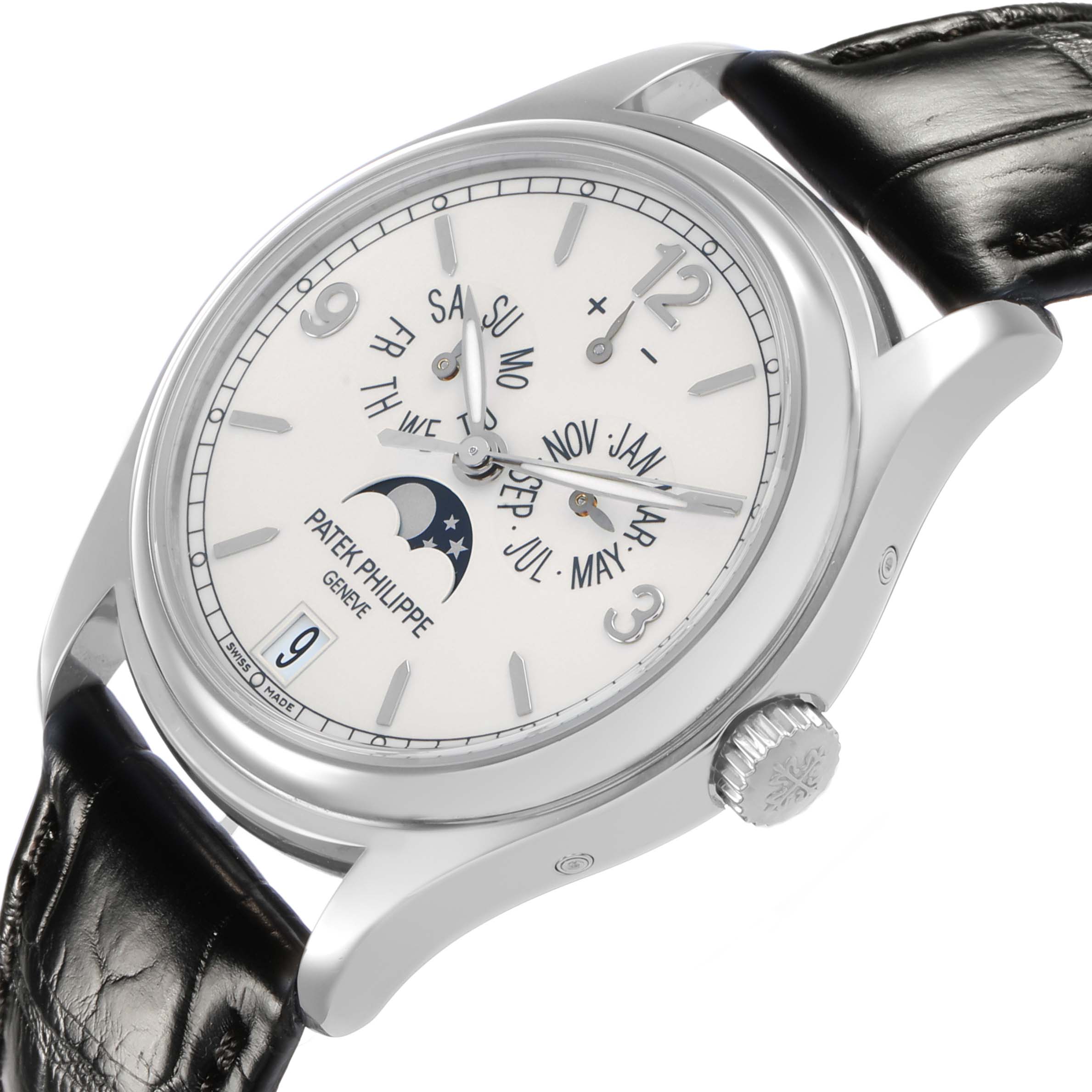 The Patek Philippe Complications 5146G Men's White Gold White Dial watch is shown at a slight angle, displaying the dial, crown, and part of the leather strap.