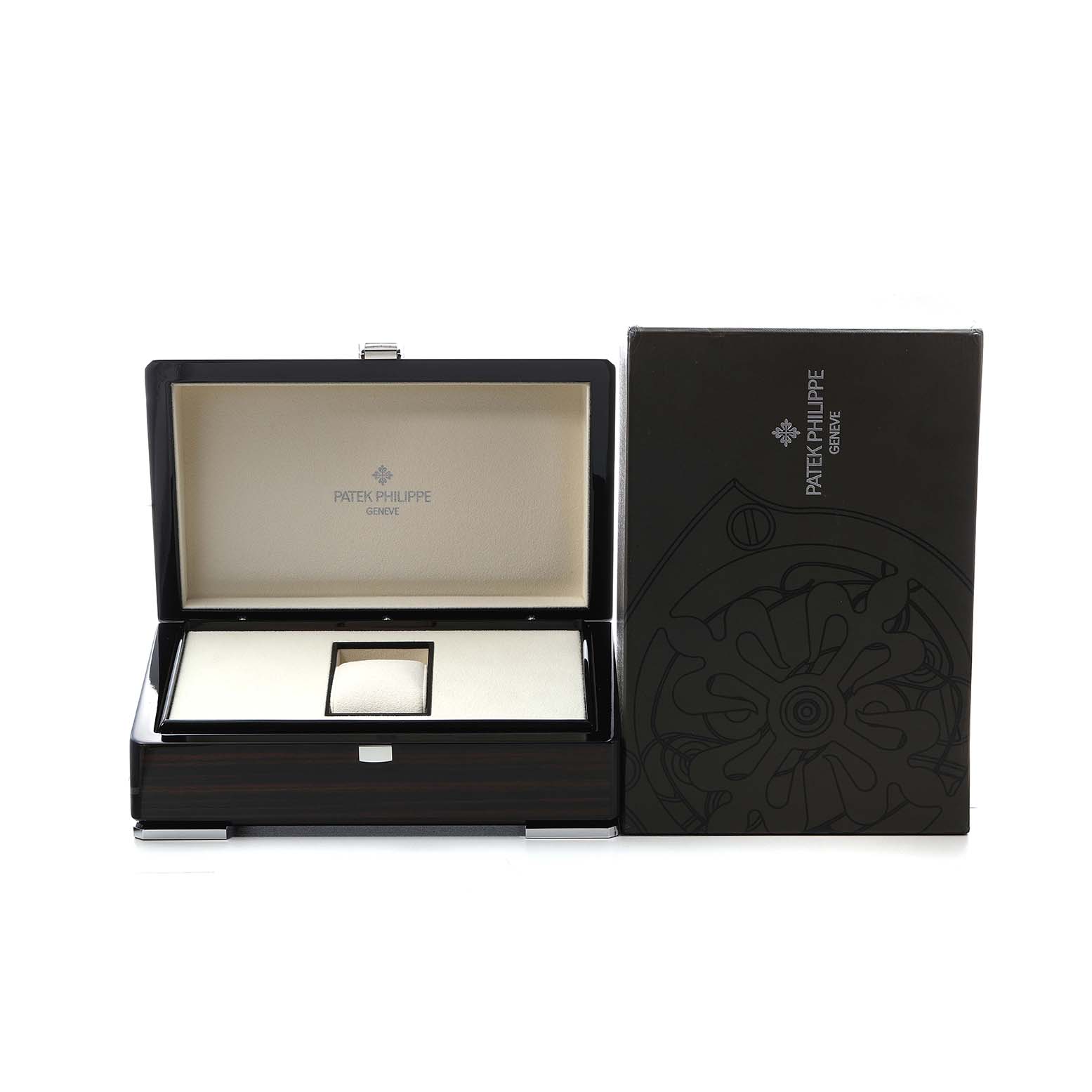 The image displays the open presentation box and packaging for a Patek Philippe Complications 5146G Men's White Gold White Dial watch.