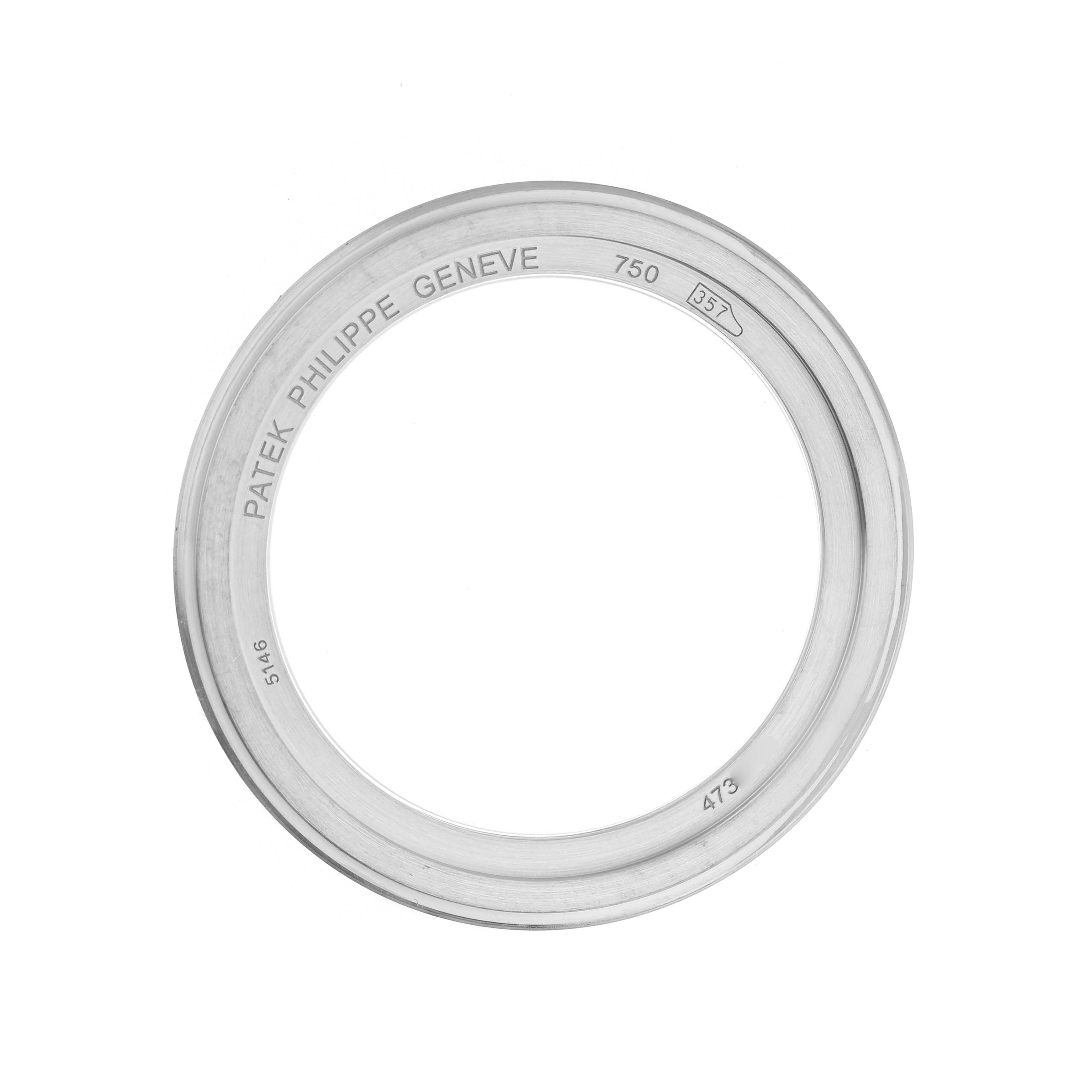 The image shows the bezel for a Patek Philippe Complications 5146G Men's White Gold White Dial model, viewed from the top.