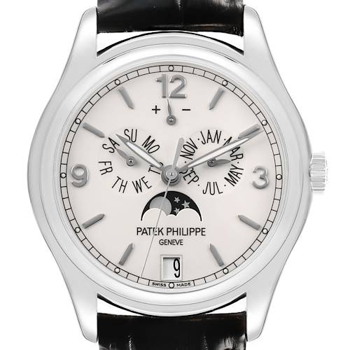 The Patek Philippe Complications 5146G Men's White Gold White Dial watch is shown from a frontal angle, displaying the dial, calendar, moon phase, and day/date indicators.