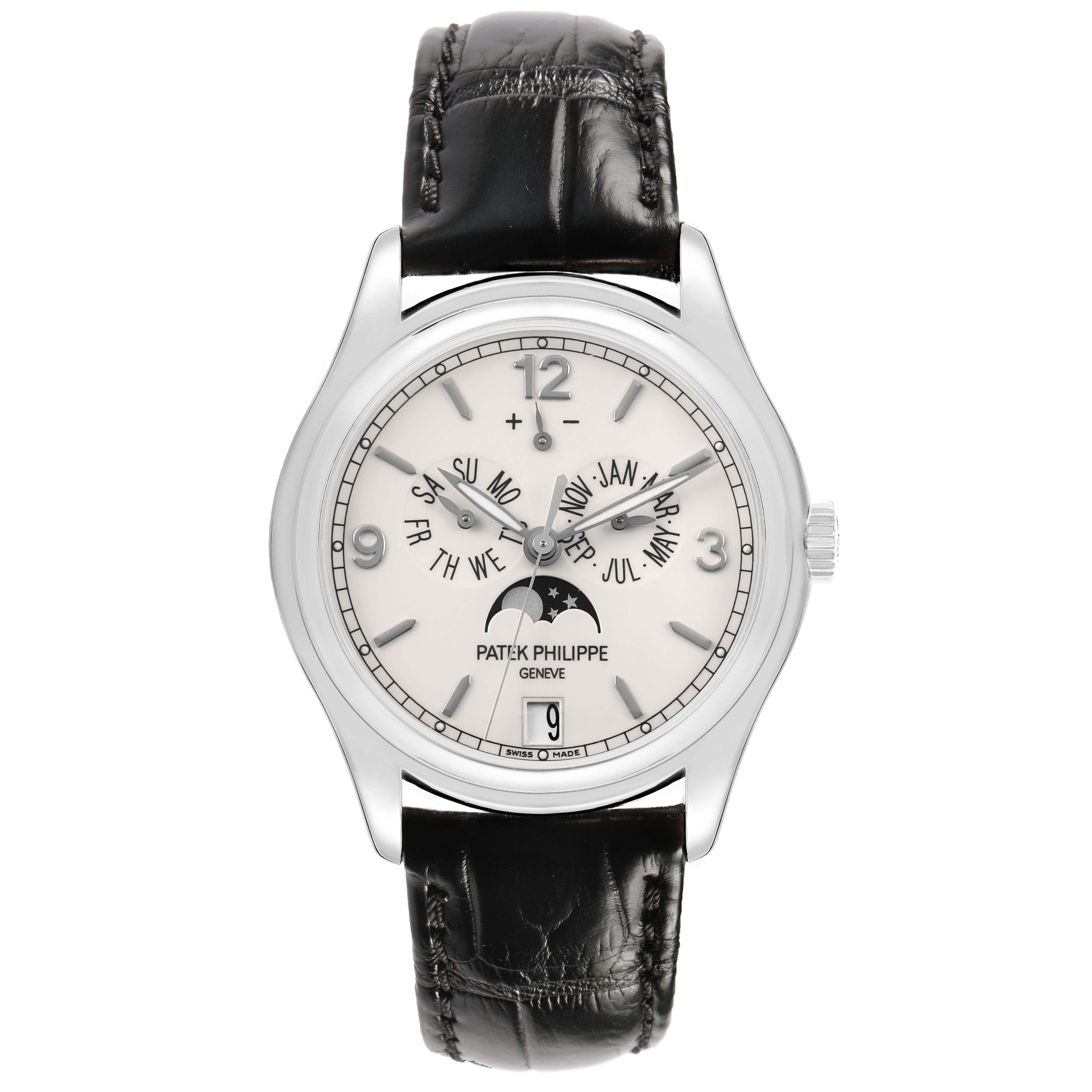 The Patek Philippe Complications 5146G Men's White Gold White Dial watch is shown from a front angle, displaying the dial with day, month, and moon phase features.