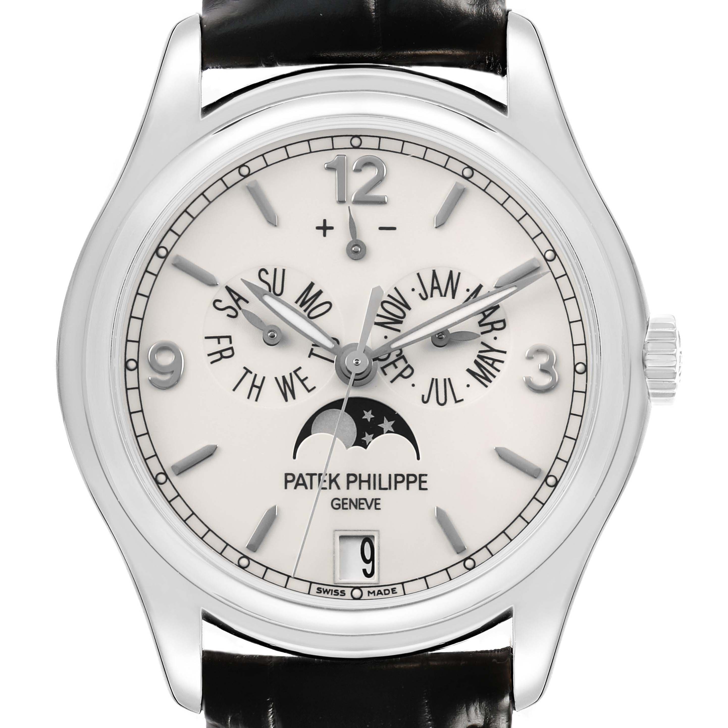 The Patek Philippe Complications 5146G Men's White Gold White Dial watch is shown from the front, displaying the dial with day, date, month, and moon phase features.