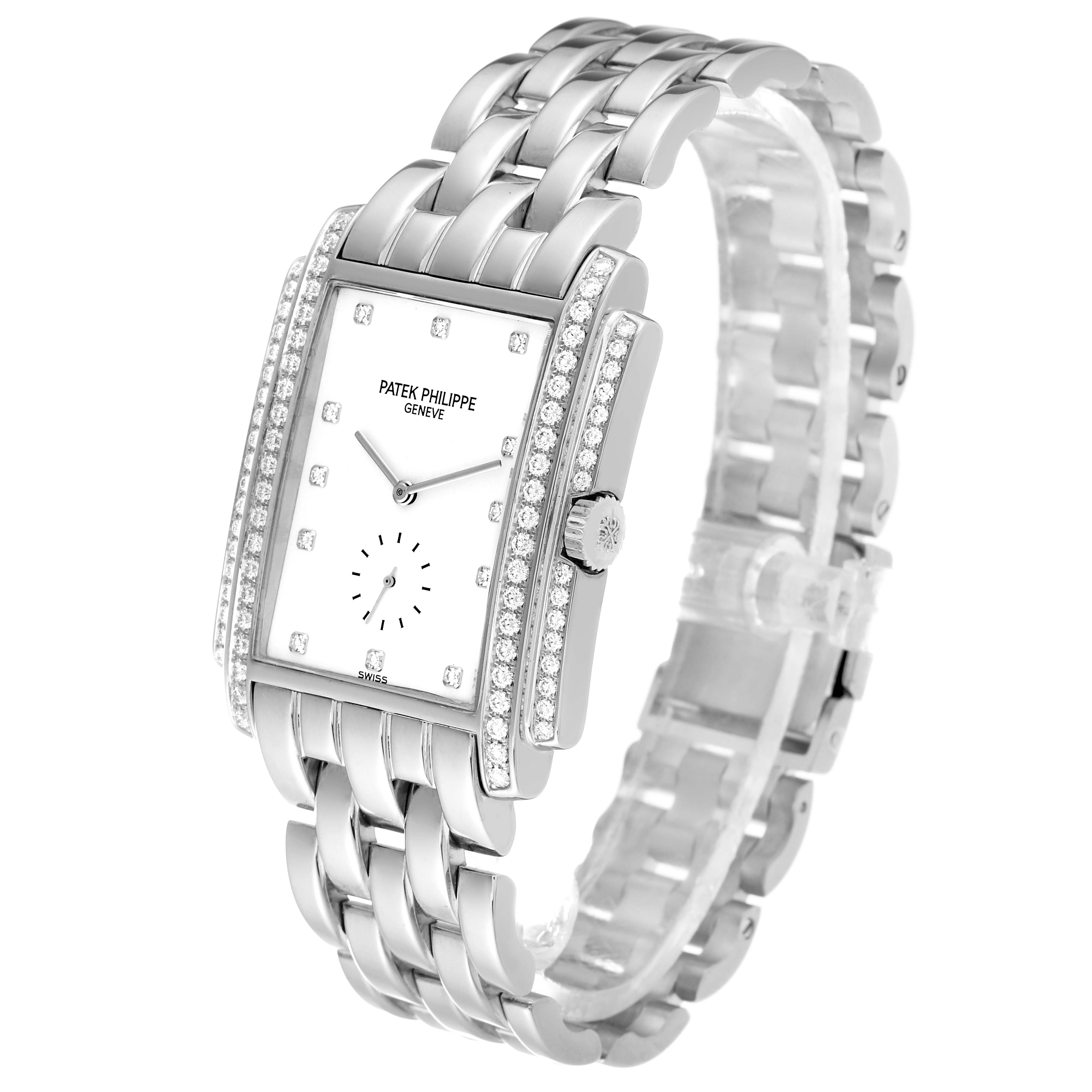 The image shows a Patek Philippe Gondolo 5025G Men's White Gold White Dial 5025G Men's White Gold White Dial watch at a three-quarter angle, highlighting its rectangular case, diamond bezel, white dial, and metal bracelet.