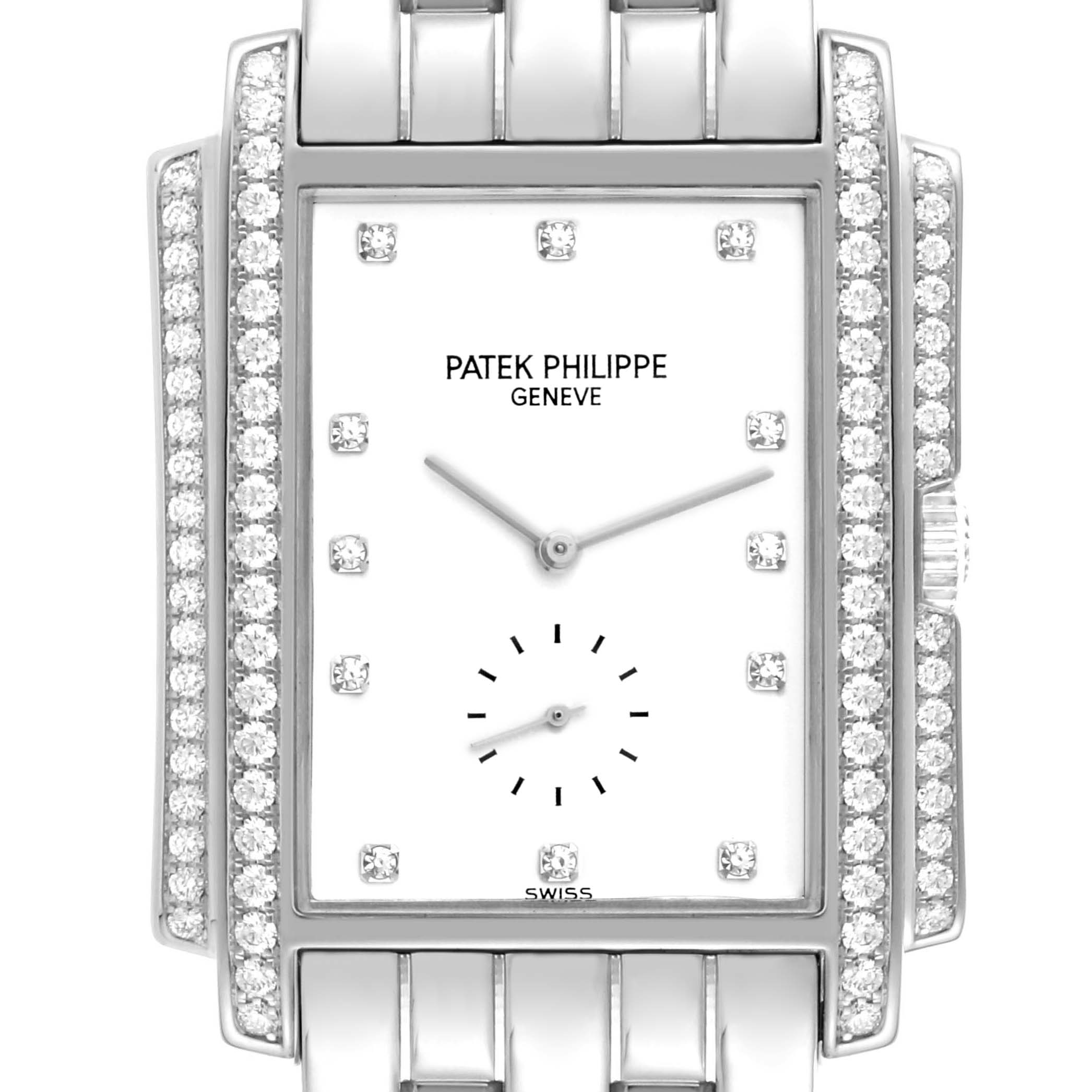 The Patek Philippe Gondolo 5025G Men's White Gold White Dial 5025G Men's White Gold White Dial watch is shown from a front angle, highlighting its square face, diamond accents, and bracelet band.