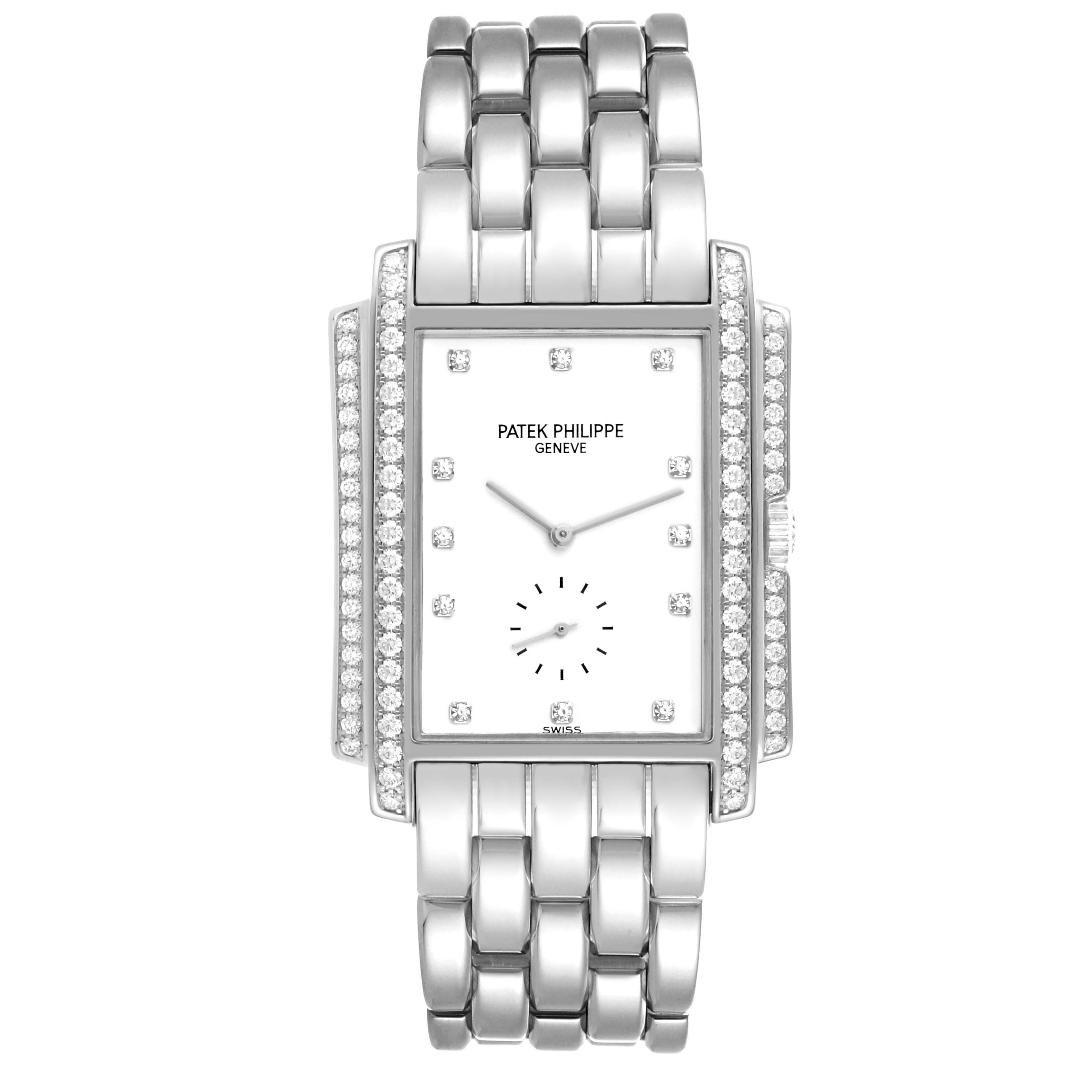 This image shows a front view of the Patek Philippe Gondolo 5025G Men's White Gold White Dial 5025G Men's White Gold White Dial watch, displaying its face, bracelet, and diamond-set bezel.