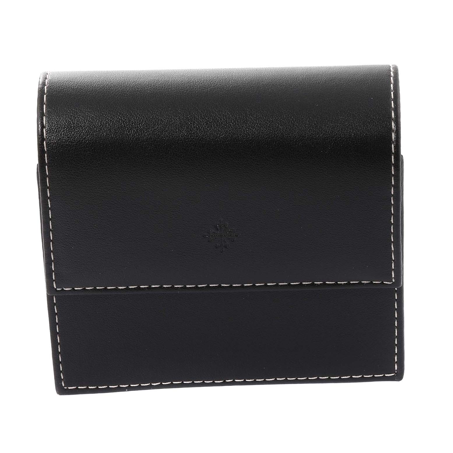 This image shows a black leather carry case for a Patek Philippe Gondolo 5025G Men's White Gold White Dial 5025G Men's White Gold White Dial watch, photographed from the front.