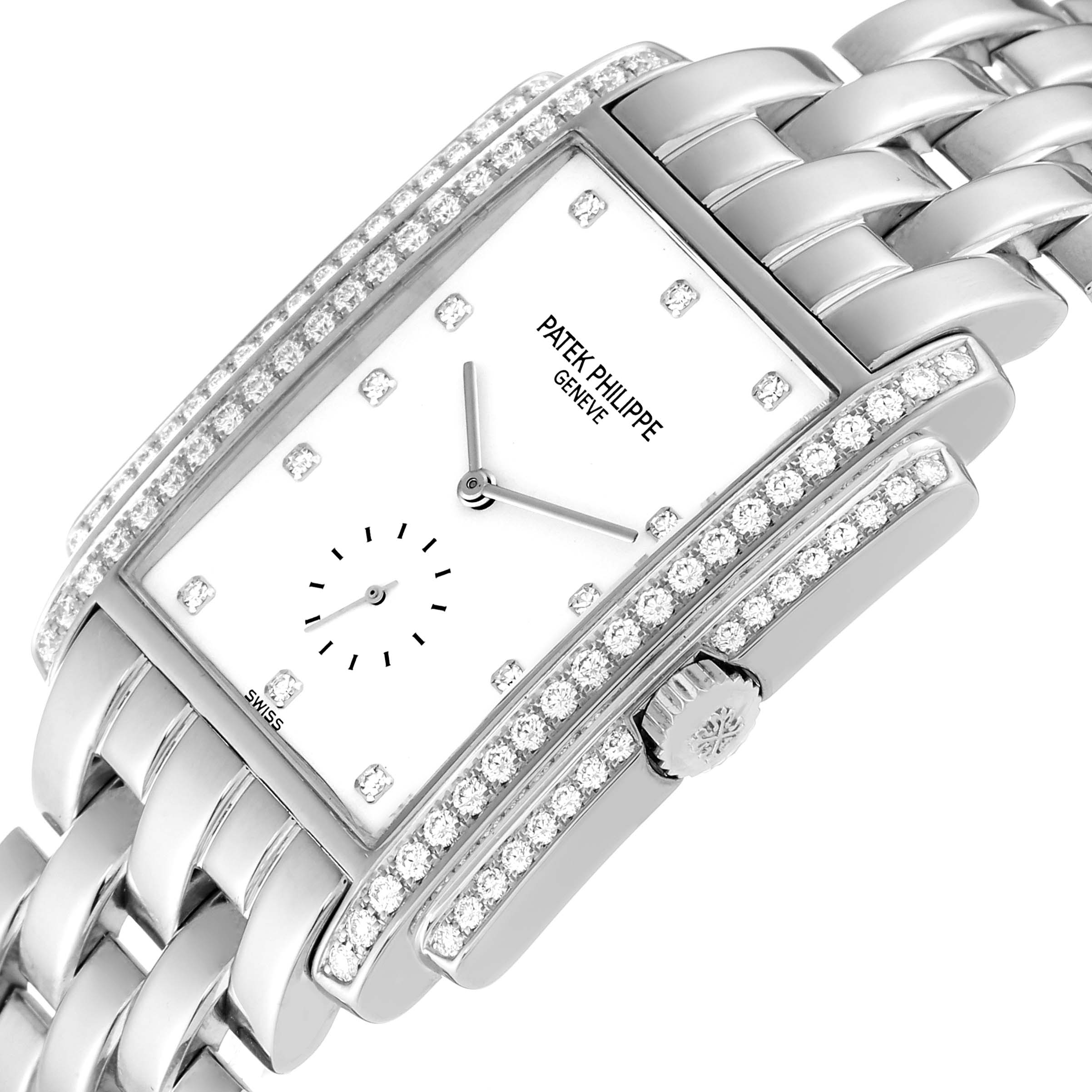 The image shows a Patek Philippe Gondolo 5025G Men's White Gold White Dial 5025G Men's White Gold White Dial watch from a tilted top-down angle, highlighting the rectangular face and diamond accents.