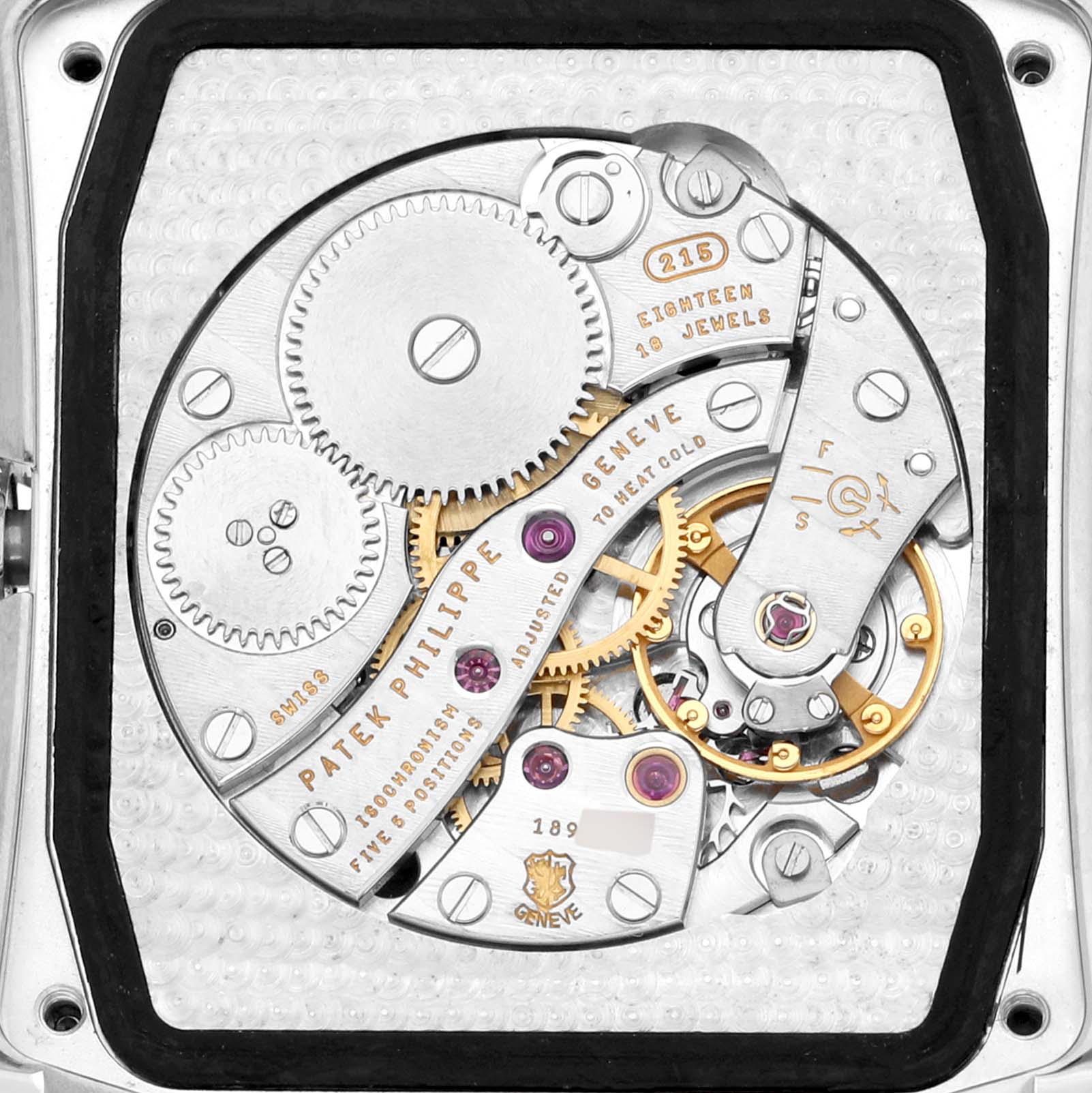 This image shows the intricate movement and inner mechanisms of the Patek Philippe Gondolo 5025G Men's White Gold White Dial 5025G Men's White Gold White Dial watch.