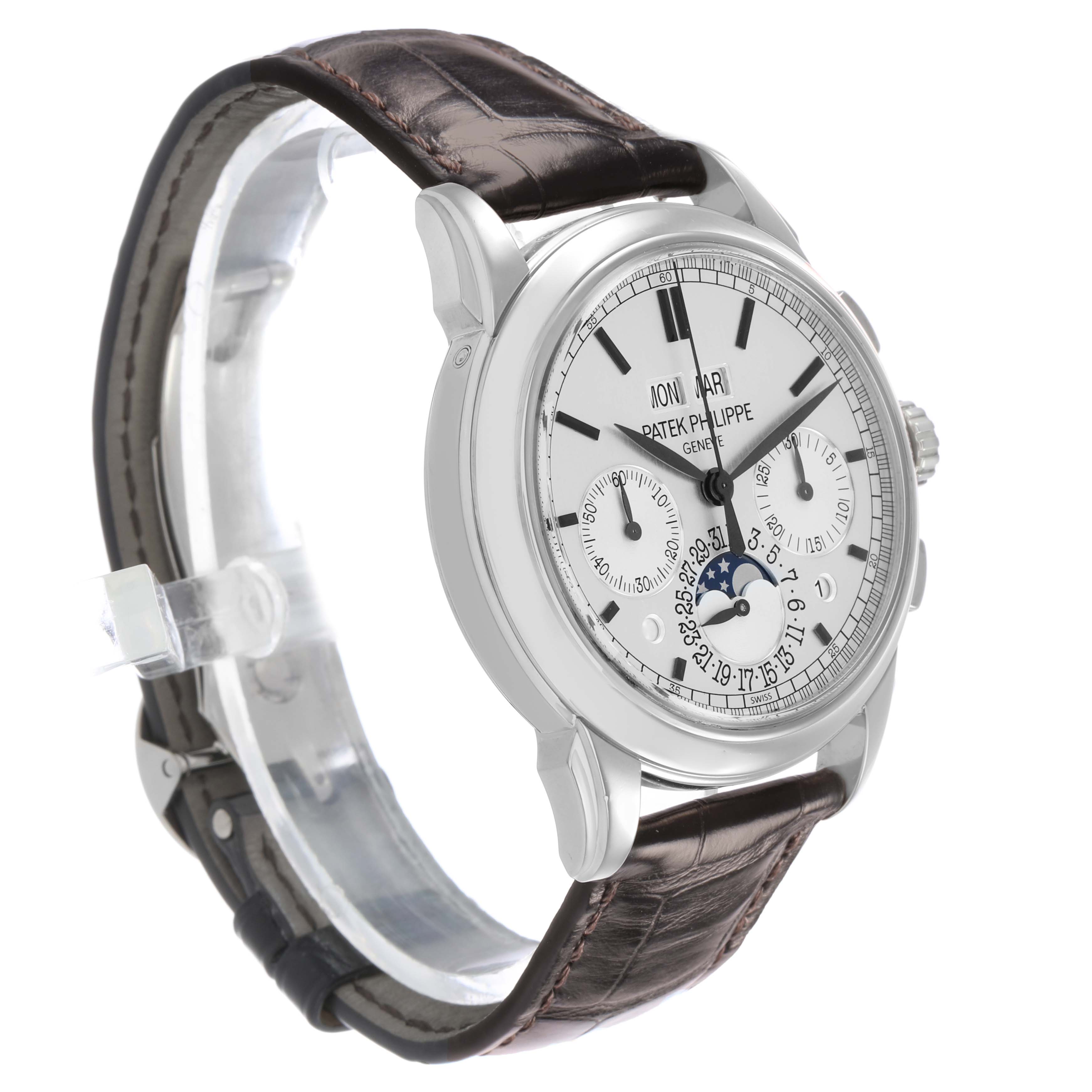 The image shows a Patek Philippe Complications 5270 Men's White Gold Silver Dial watch at a slight angle, highlighting the dial, case, and leather strap.