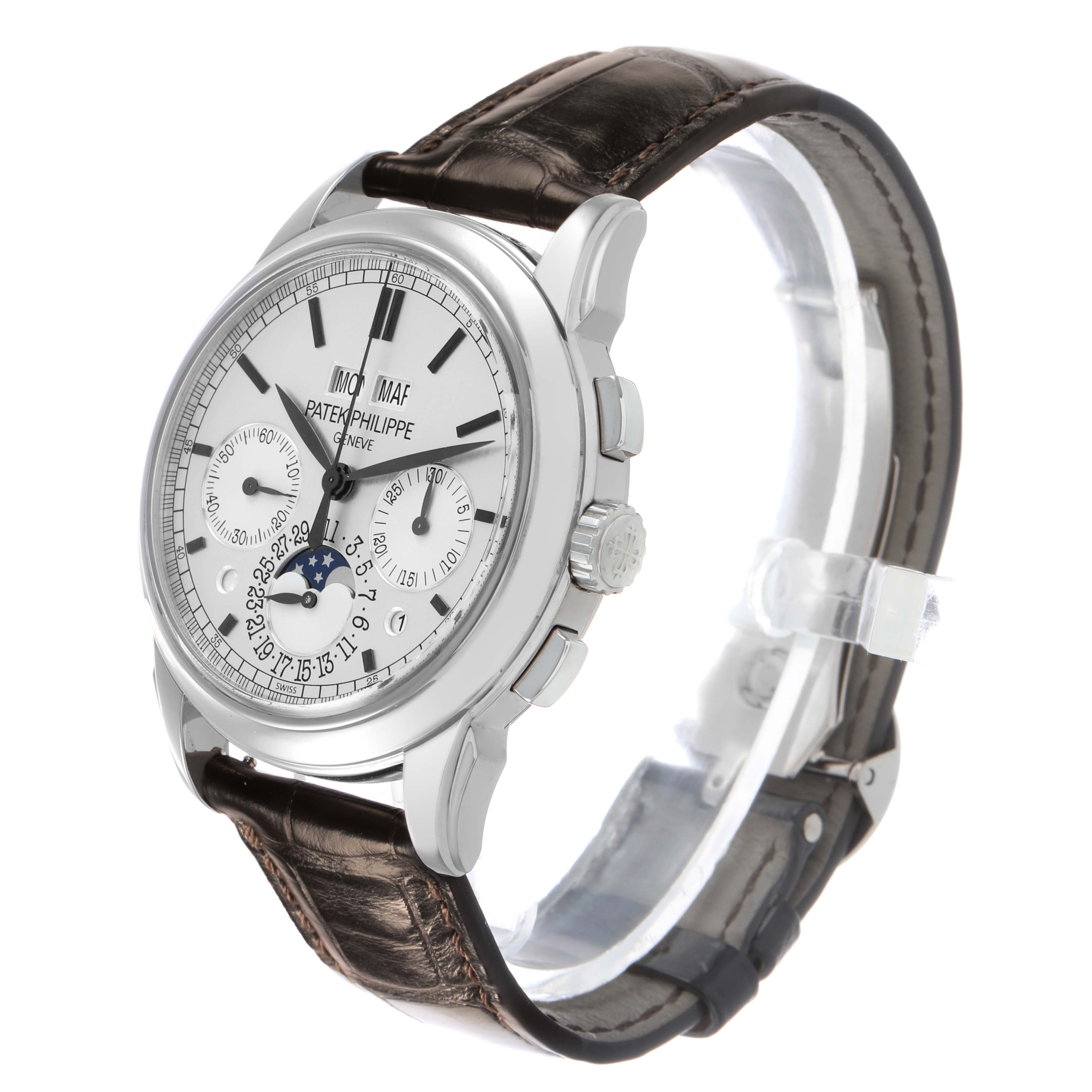 The Patek Philippe Complications 5270 Men's White Gold Silver Dial watch is shown at a three-quarter angle highlighting the dial, crown, and strap.