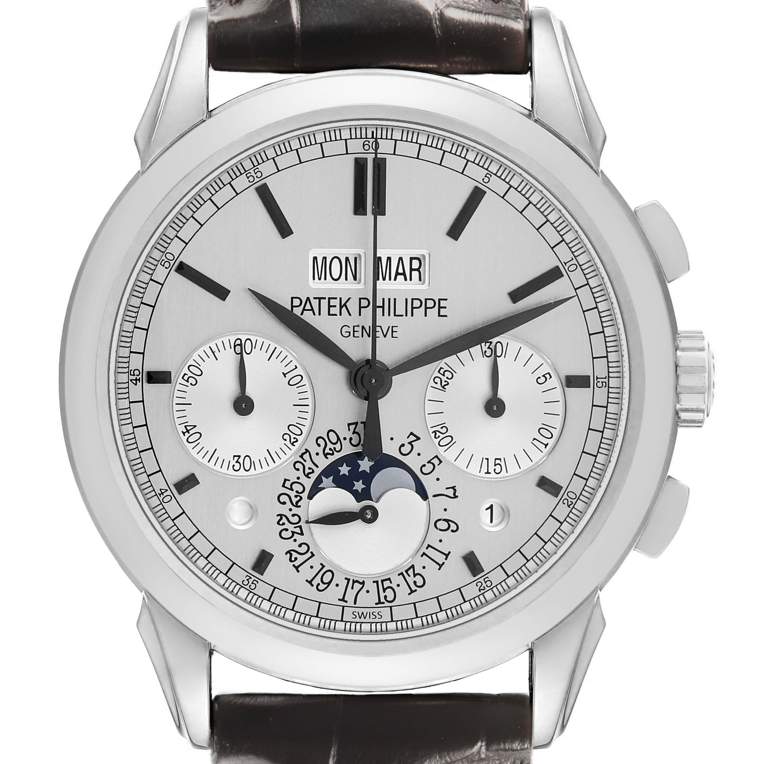 The Patek Philippe Complications 5270 Men's White Gold Silver Dial watch is shown from a front view, highlighting its dial and features.