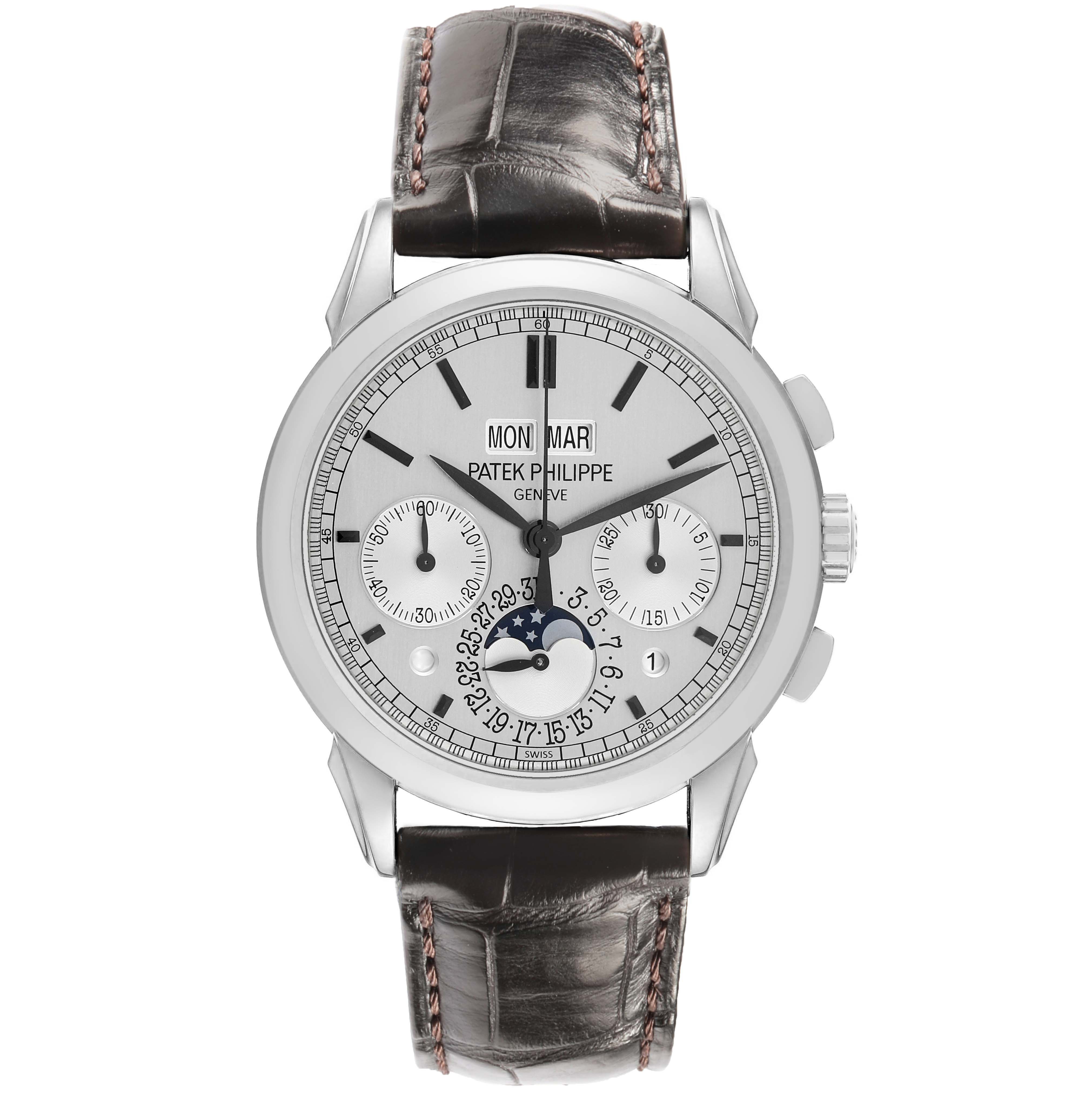 The Patek Philippe Complications 5270 Men's White Gold Silver Dial watch is shown from the front, displaying its face, dials, and leather strap.
