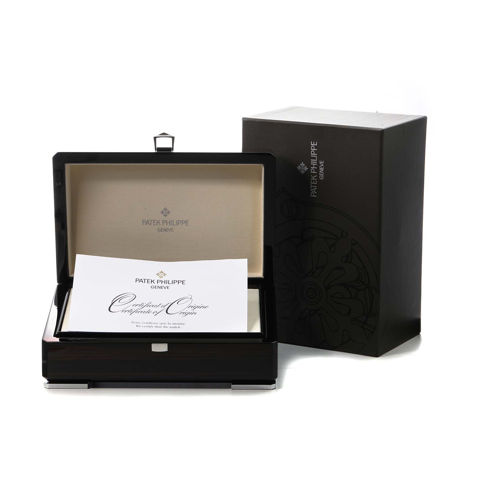 The image shows a Patek Philippe Complications 5270 Men's White Gold Silver Dial watch presentation box and certificate from a straight-on angle.