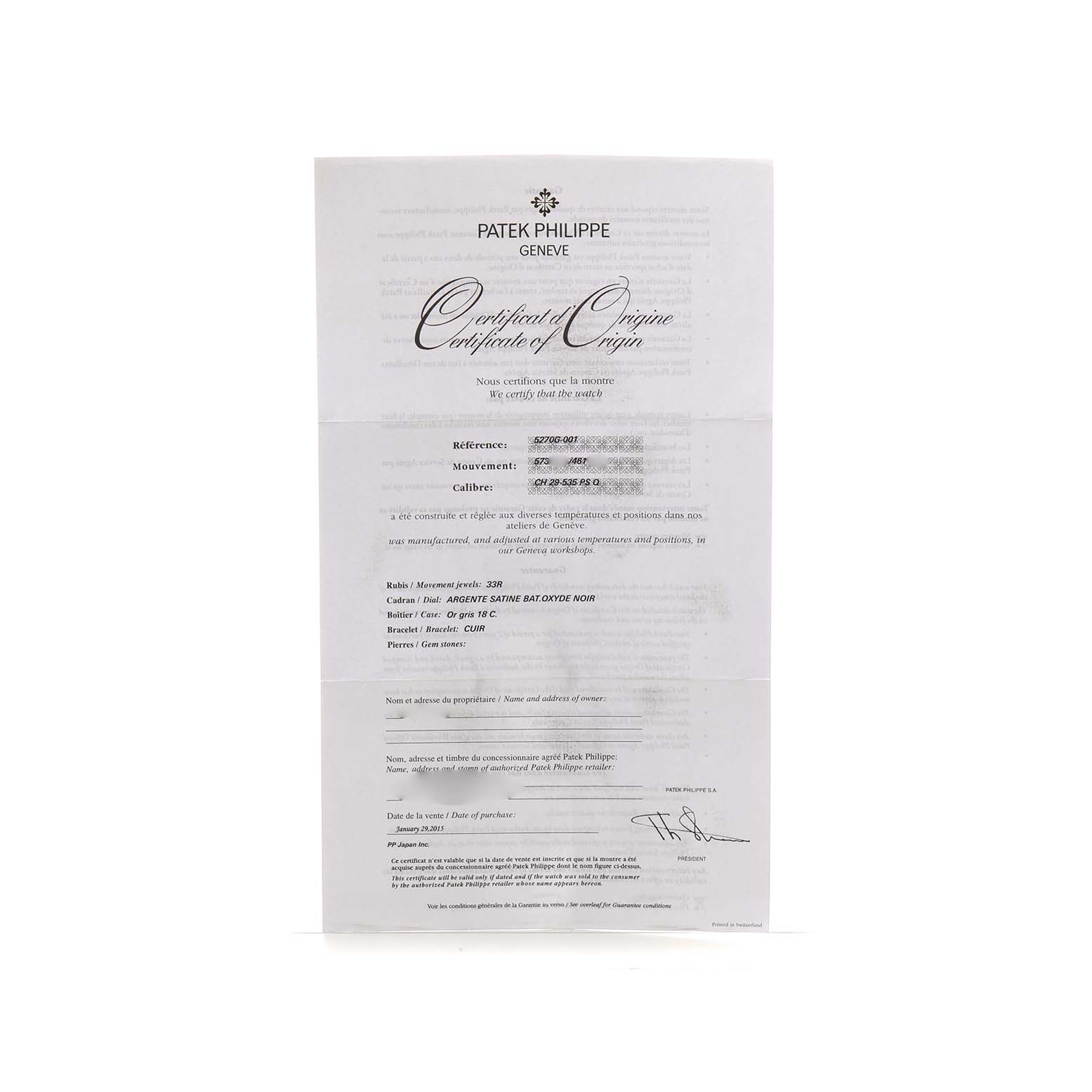 The image shows a Certificate of Origin for the Patek Philippe Complications 5270 Men's White Gold Silver Dial watch, featuring text and signatures.