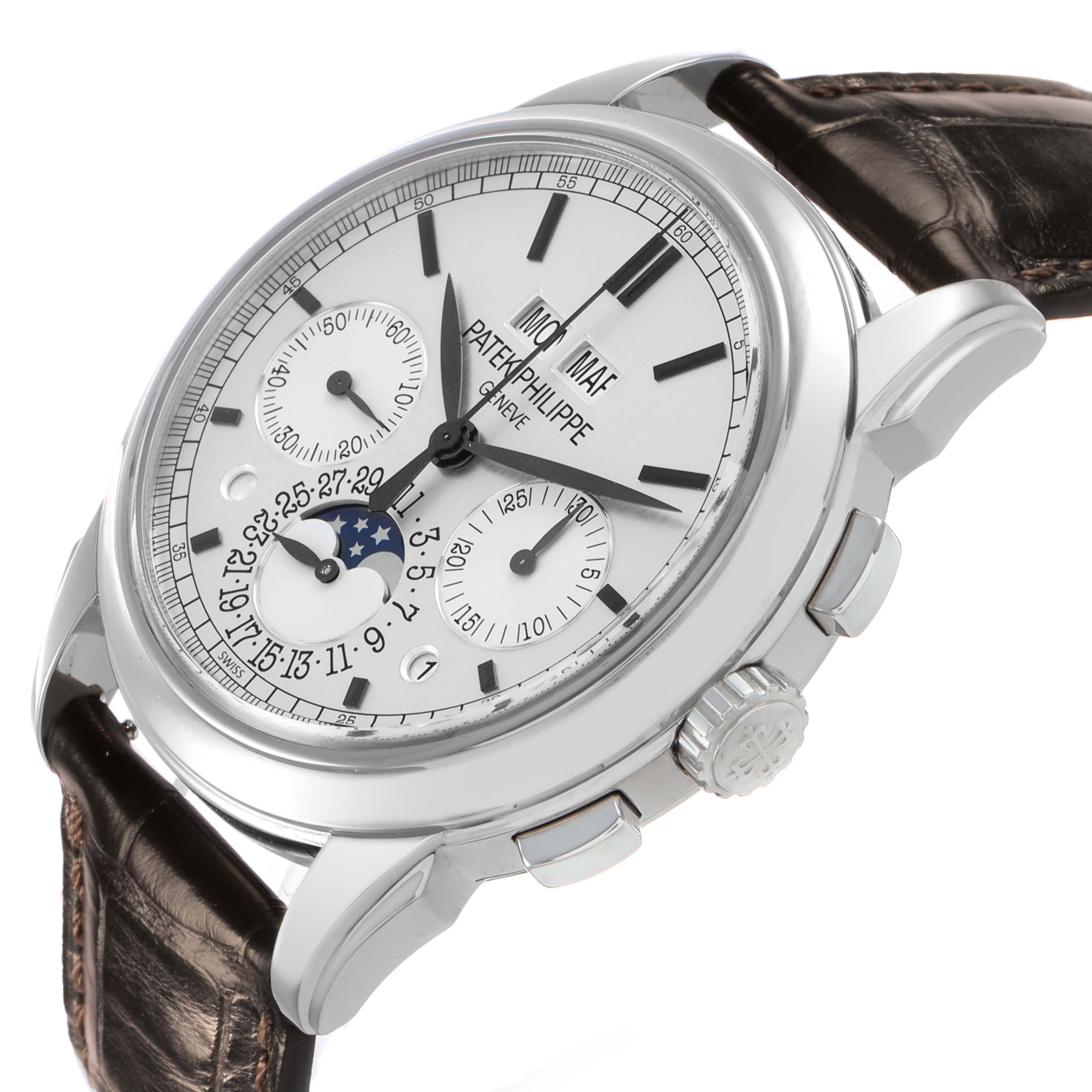 The Patek Philippe Complications 5270 Men's White Gold Silver Dial watch is shown at a tilted angle, highlighting the dial, subdials, crown, pushers, and leather strap.