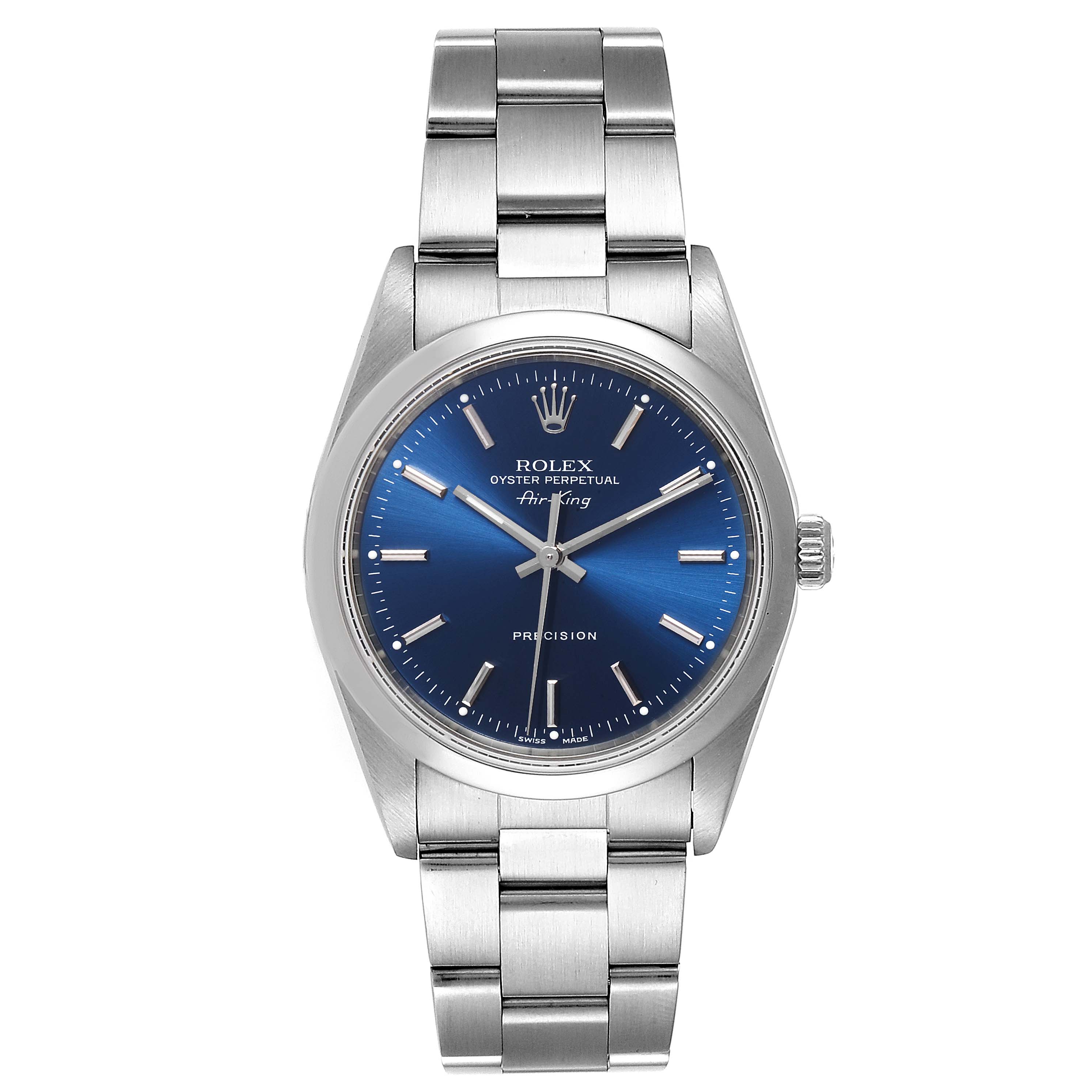 This Rolex Air-King 14000 Men's Stainless Steel Blue Dial 14000 Men's Stainless Steel Blue Dial watch is shown from the front, displaying its blue dial, silver hour markers, and metallic band.