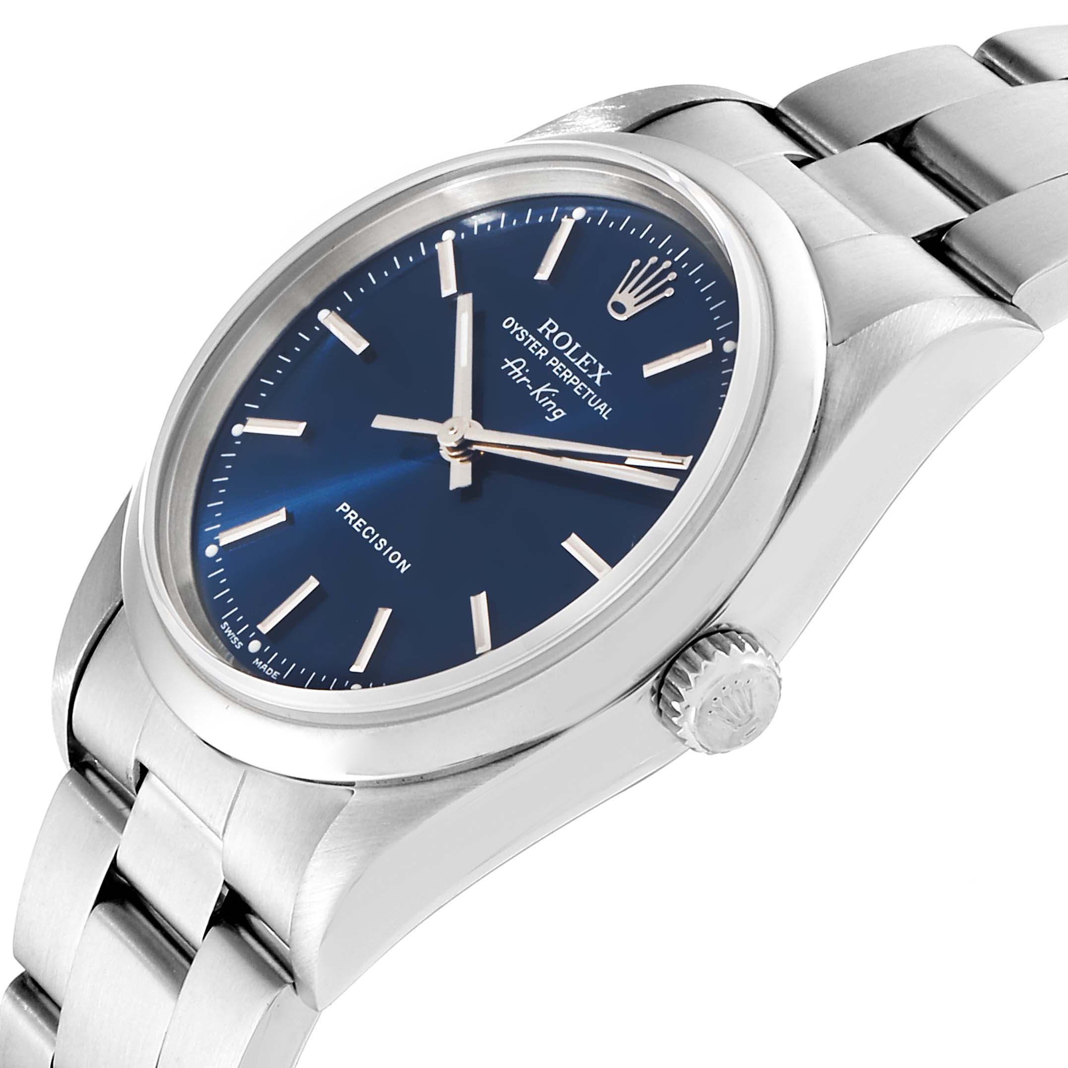 The Rolex Air-King 14000 Men's Stainless Steel Blue Dial 14000 Men's Stainless Steel Blue Dial watch is shown from an angled side view, highlighting the dial, crown, and part of the bracelet.