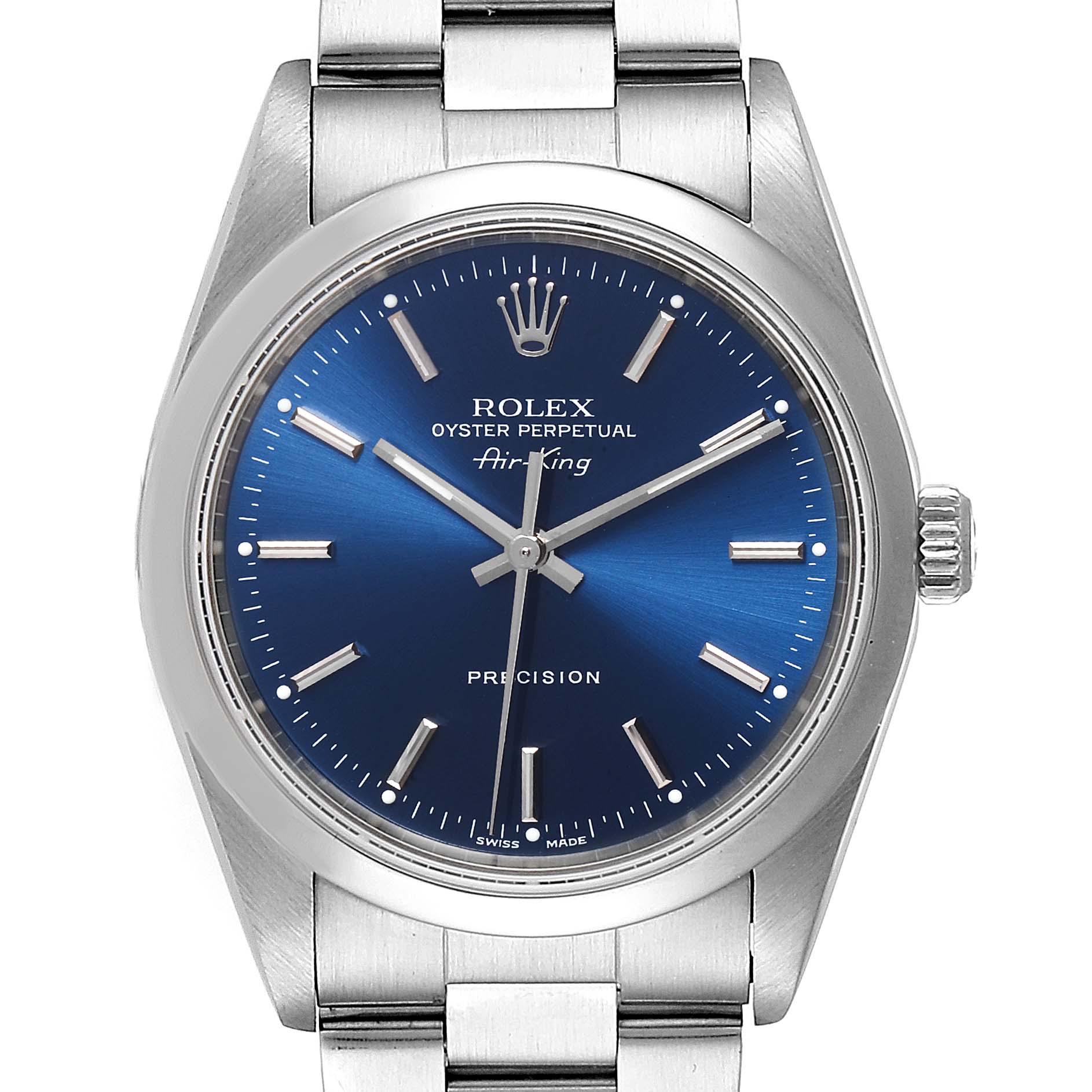 The image shows a front view of a Rolex Air-King 14000 Men's Stainless Steel Blue Dial 14000 Men's Stainless Steel Blue Dial watch, highlighting the dial, hands, crown, and stainless steel bracelet.
