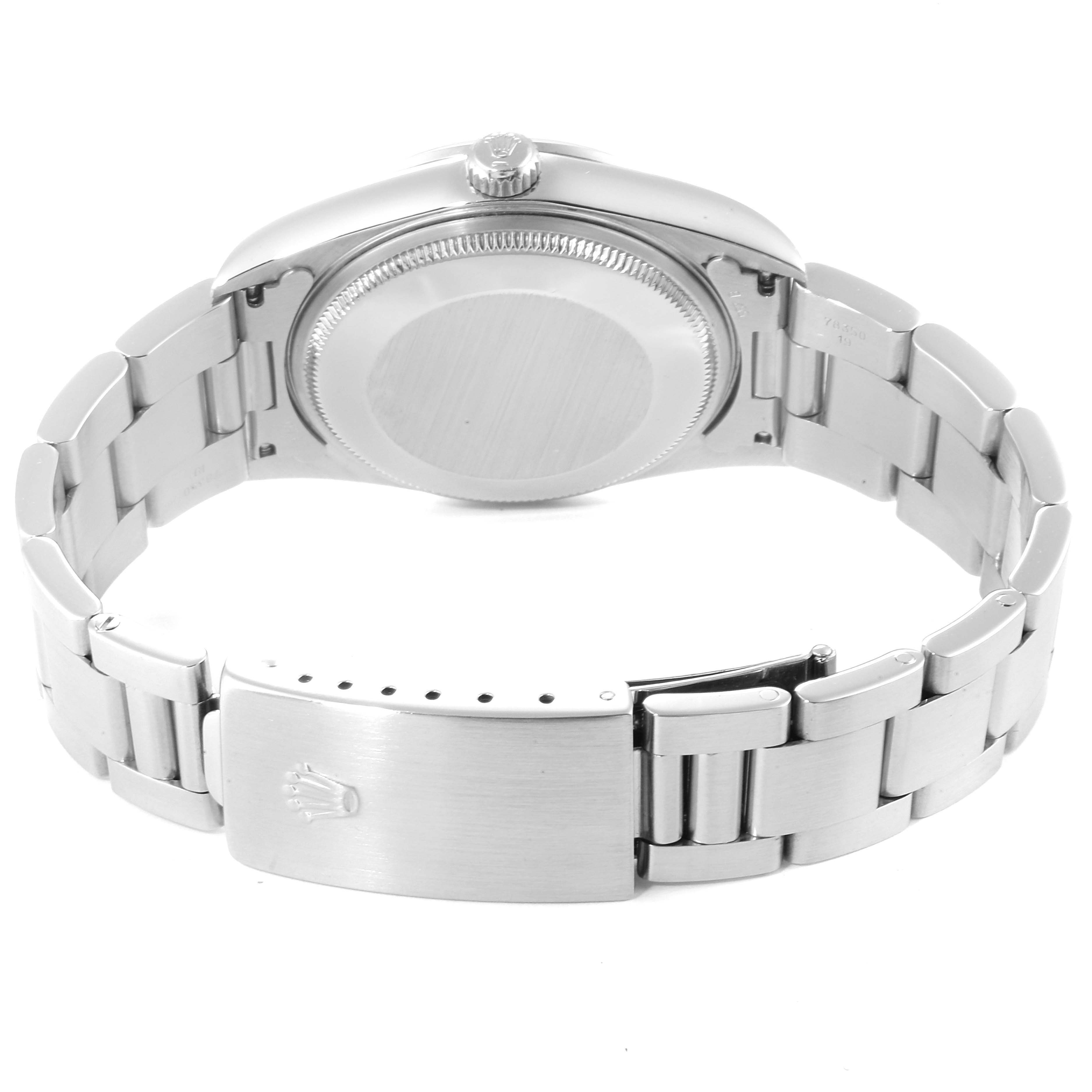 The image shows the back case, crown, and clasp of a Rolex Air-King 14000 Men's Stainless Steel Blue Dial 14000 Men's Stainless Steel Blue Dial watch from a rear angle.