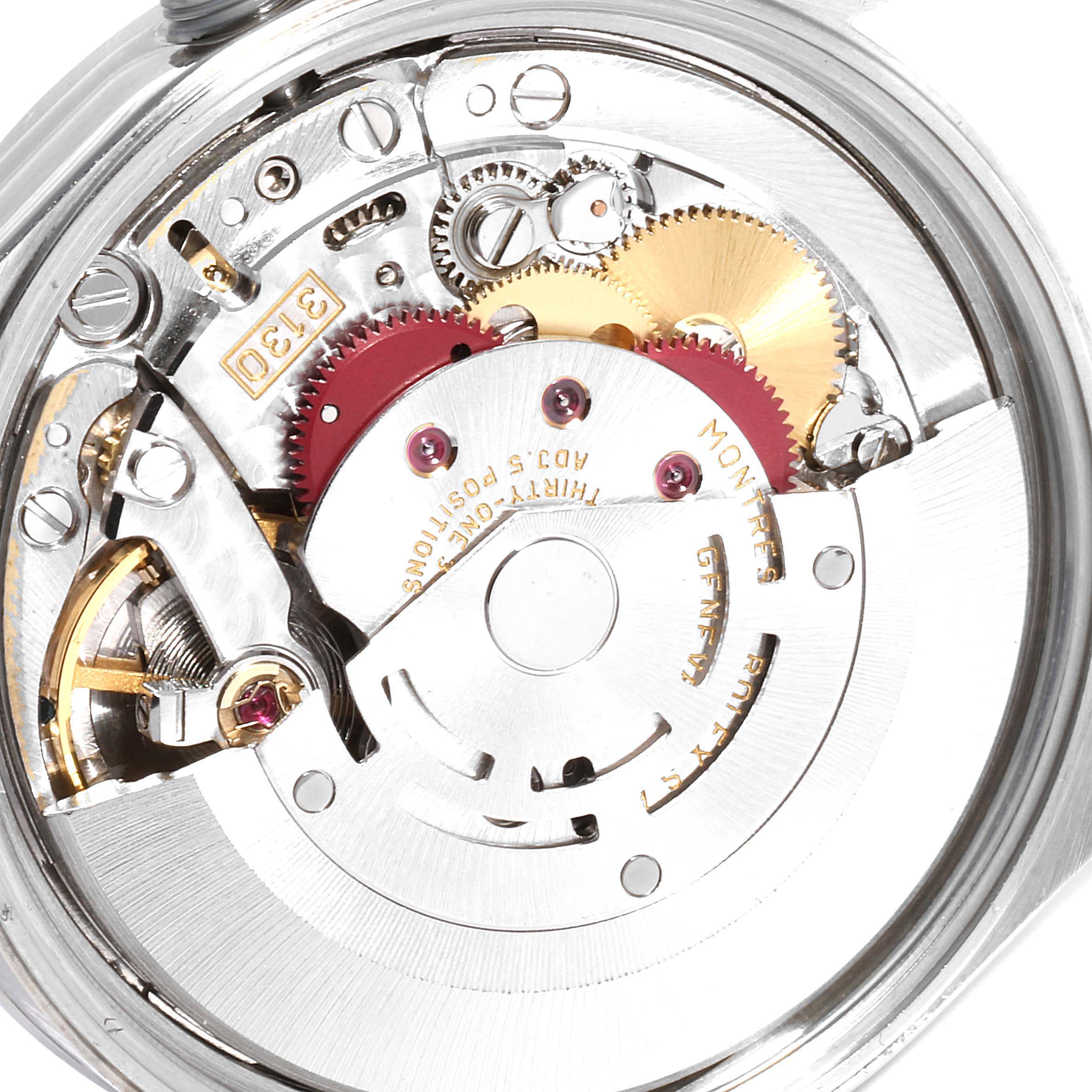 The image shows the internal mechanism of a Rolex Air-King 14000 Men's Stainless Steel Blue Dial 14000 Men's Stainless Steel Blue Dial watch, displaying gears and the rotor from a posterior angle.