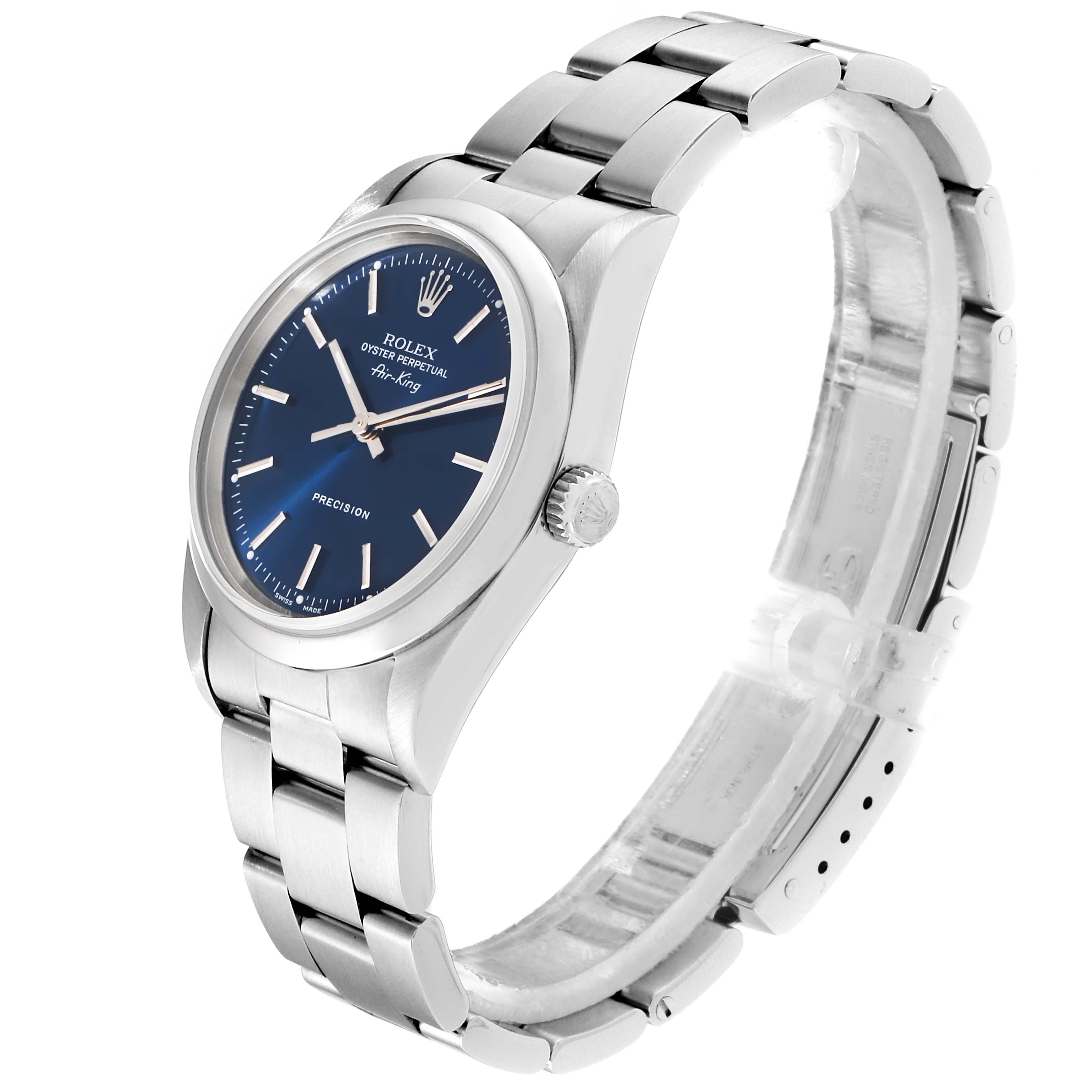 The image shows a side view of the Rolex Air-King 14000 Men's Stainless Steel Blue Dial 14000 Men's Stainless Steel Blue Dial watch featuring its blue dial, crown, and metal bracelet.