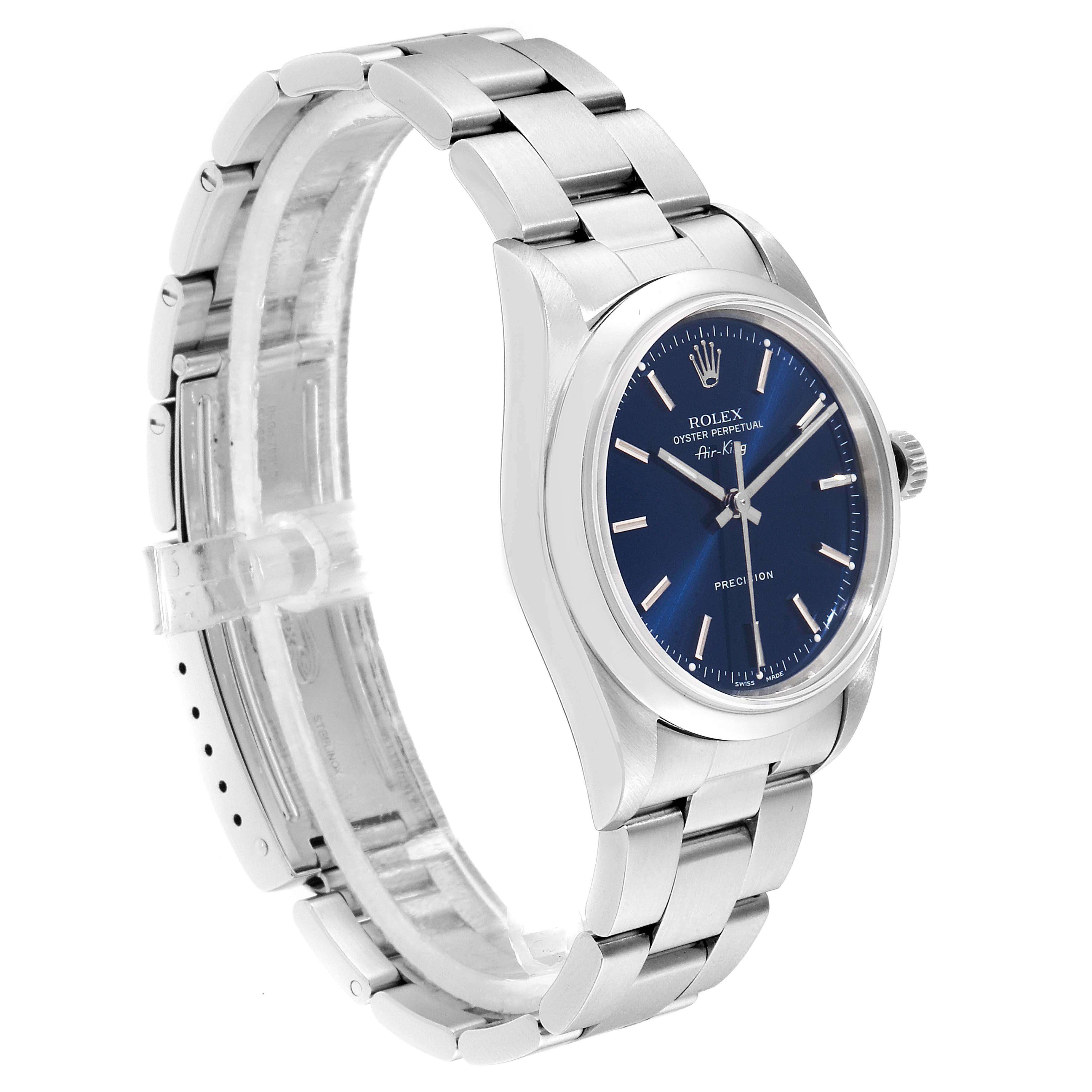 The image shows a side view of a Rolex Air-King 14000 Men's Stainless Steel Blue Dial 14000 Men's Stainless Steel Blue Dial watch, displaying the face, bezel, bracelet, and clasp.