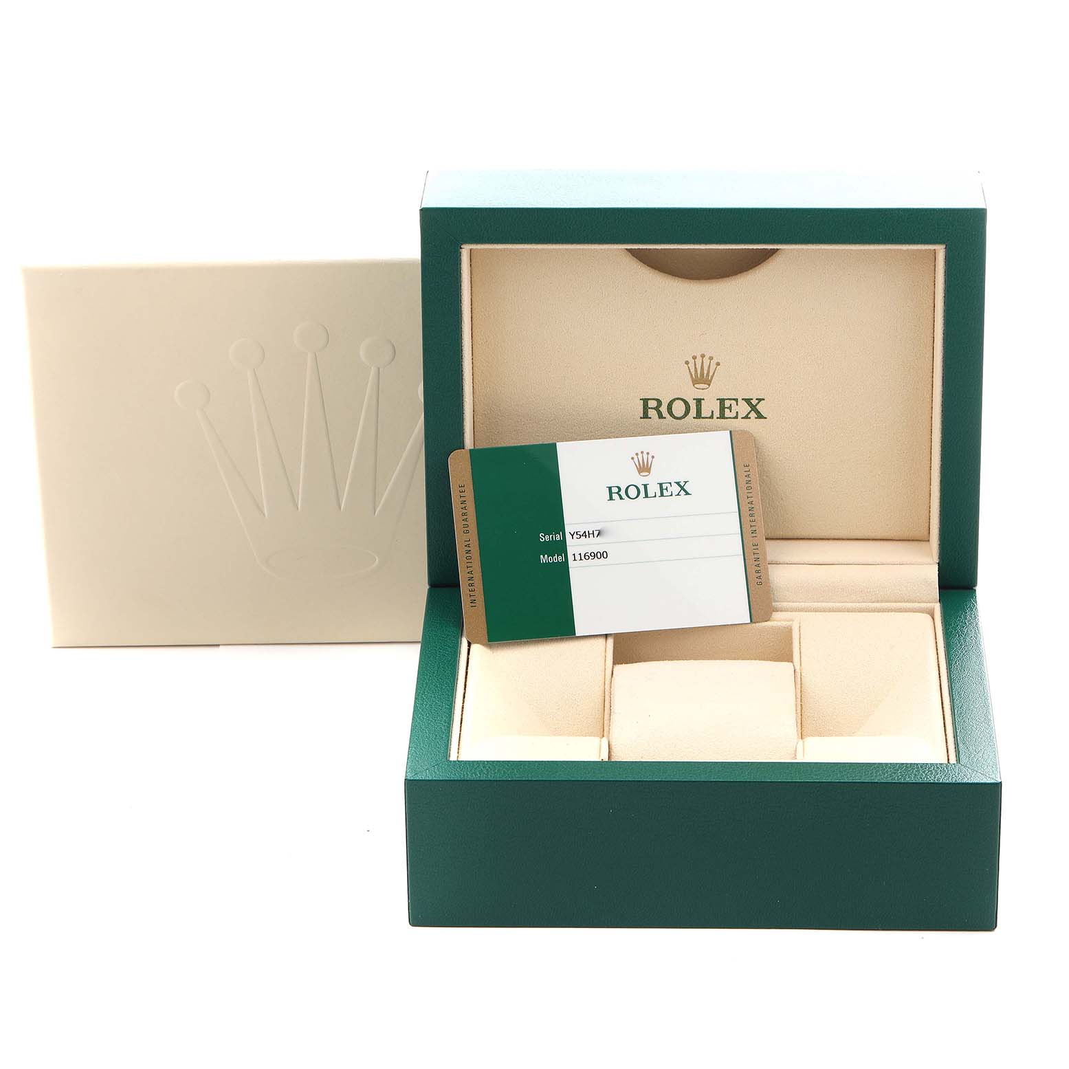 The image shows the packaging and warranty card for the Rolex Air-King 116900 Men's Stainless Steel Black Dial 116900 Men's Stainless Steel Black Dial, featuring an open box and card displayed at an angle.