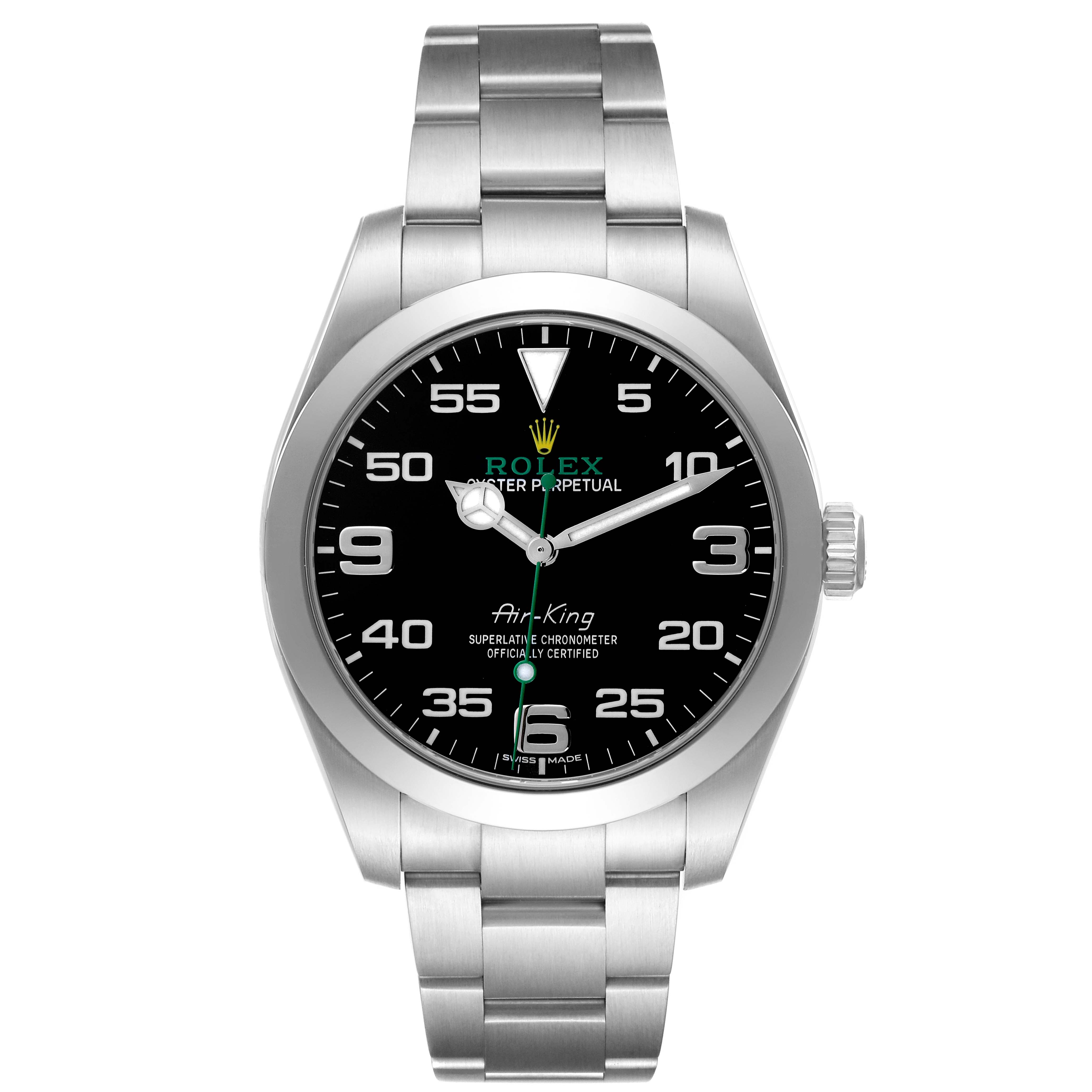 The Rolex Air-King 116900 Men's Stainless Steel Black Dial 116900 Men's Stainless Steel Black Dial watch is shown from a top-down angle displaying the face, bezel, and part of the bracelet.