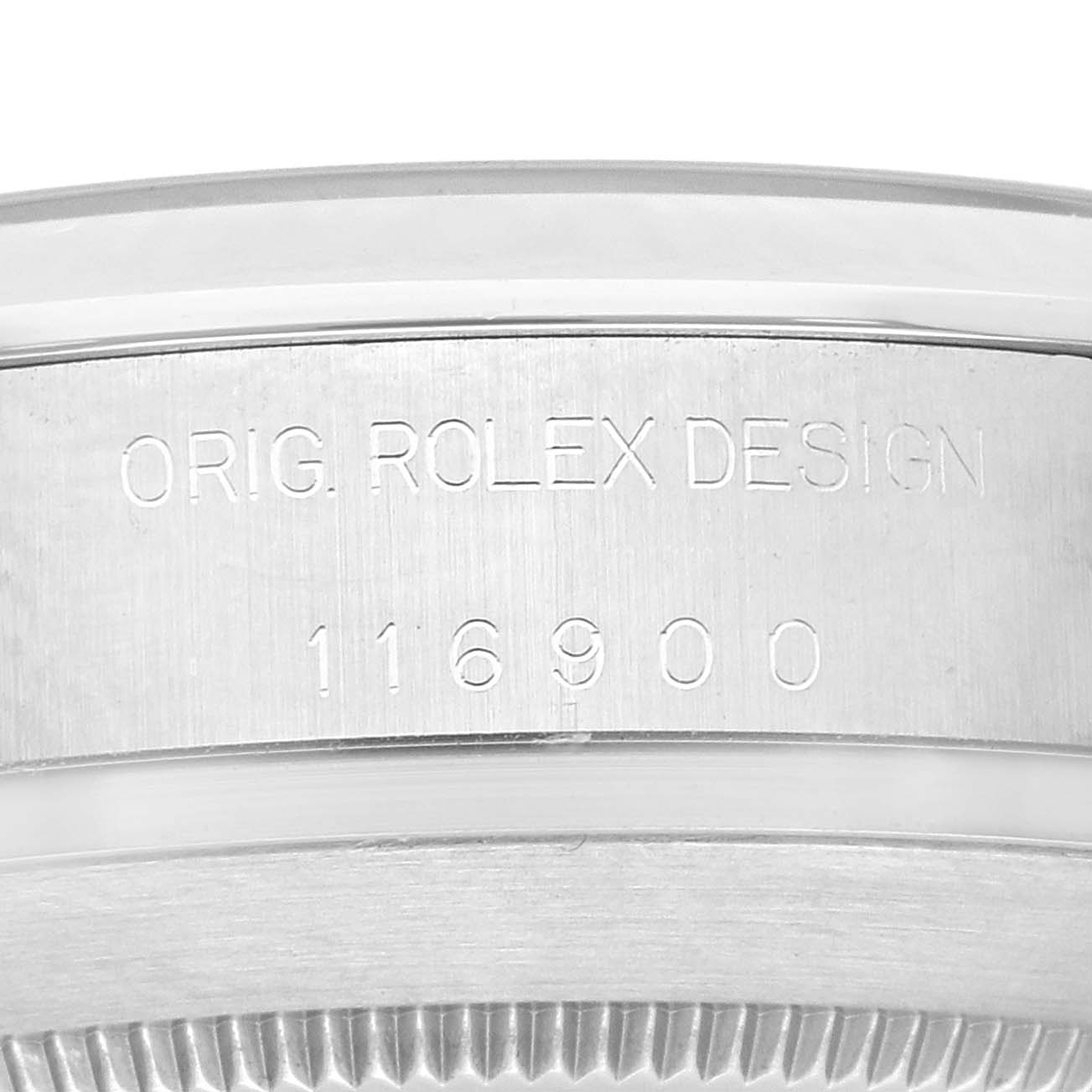 The image shows a close-up of the case side of a Rolex Air-King 116900 Men's Stainless Steel Black Dial 116900 Men's Stainless Steel Black Dial, displaying its model number and "ORIG. ROLEX DESIGN" engraving.
