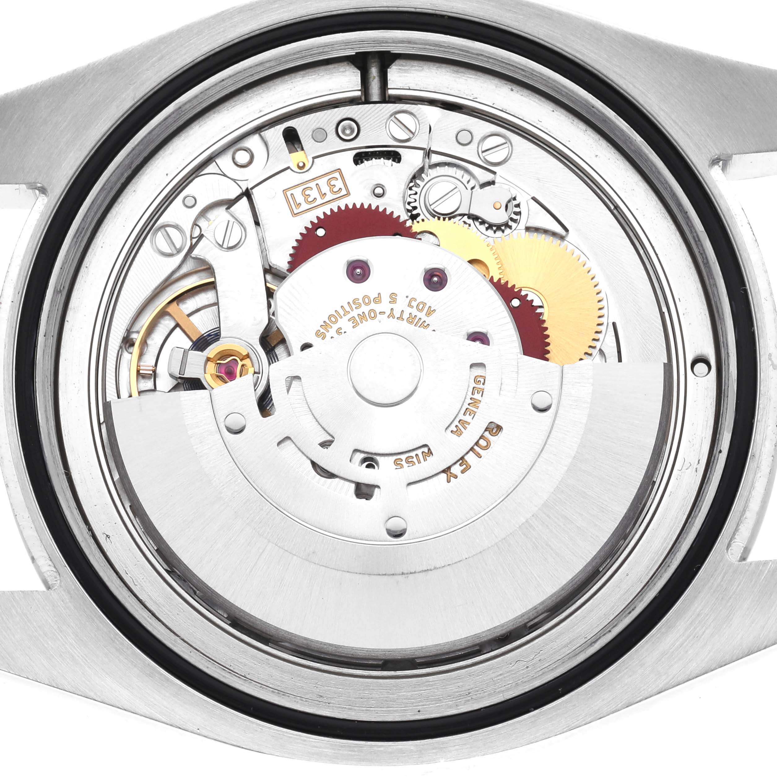 This image shows the inside view of a Rolex Air-King 116900 Men's Stainless Steel Black Dial 116900 Men's Stainless Steel Black Dial watch's movement mechanism.