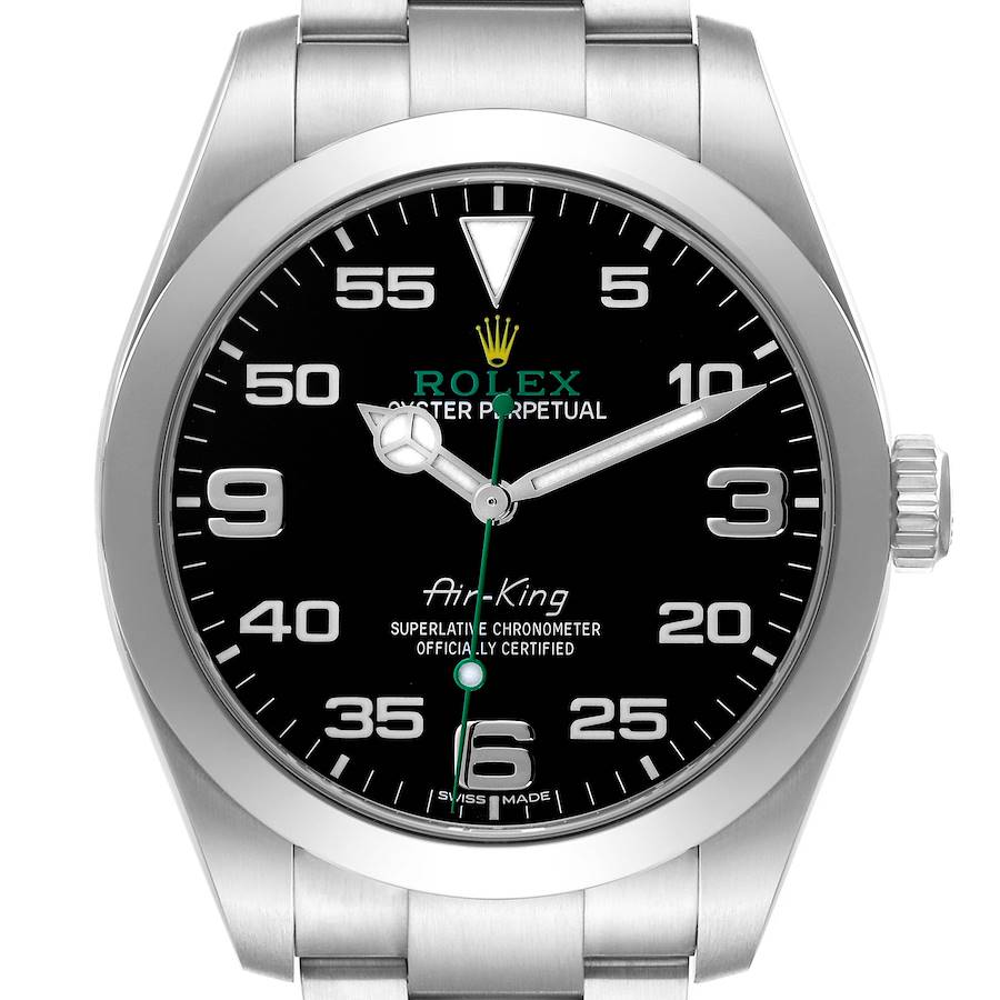 The Rolex Air-King watch is shown from the front, displaying the full dial, bezel, crown, and part of the bracelet.