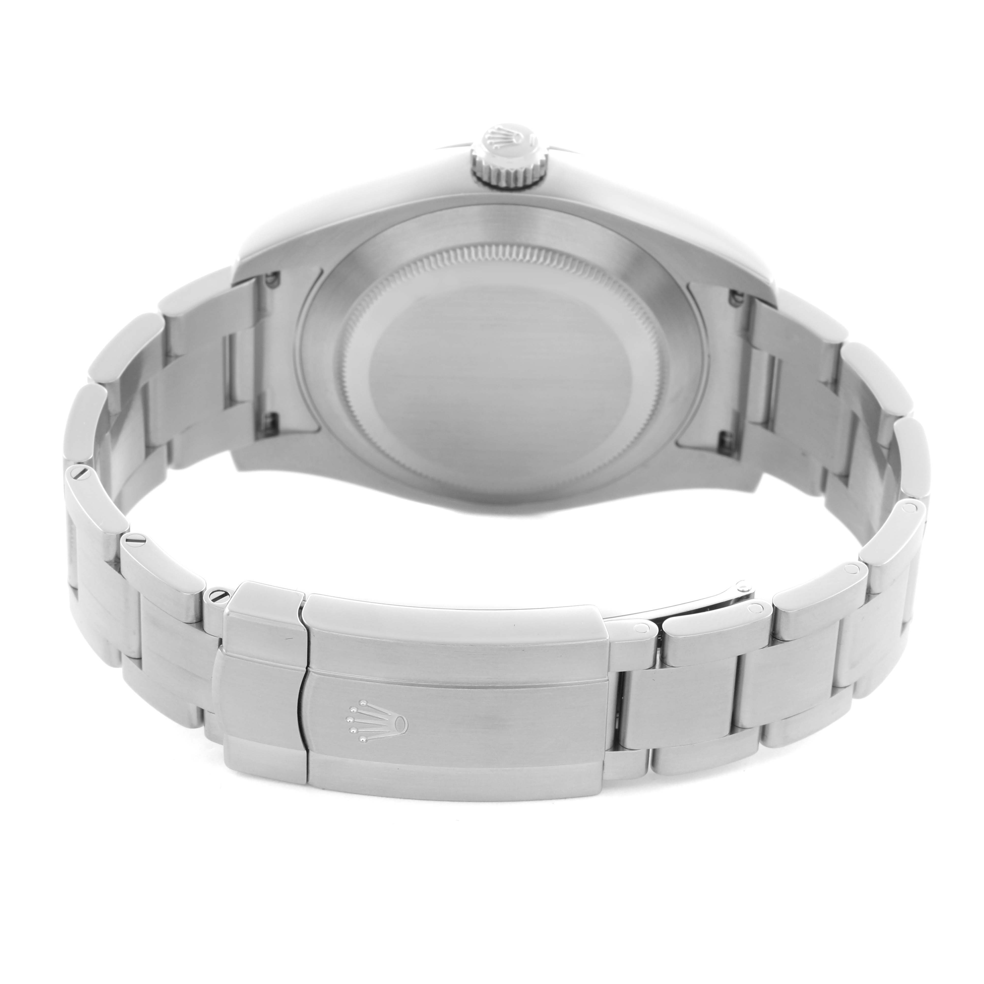 The image shows the back of the Rolex Air-King 116900 Men's Stainless Steel Black Dial 116900 Men's Stainless Steel Black Dial, focusing on the case back, bracelet, and clasp.