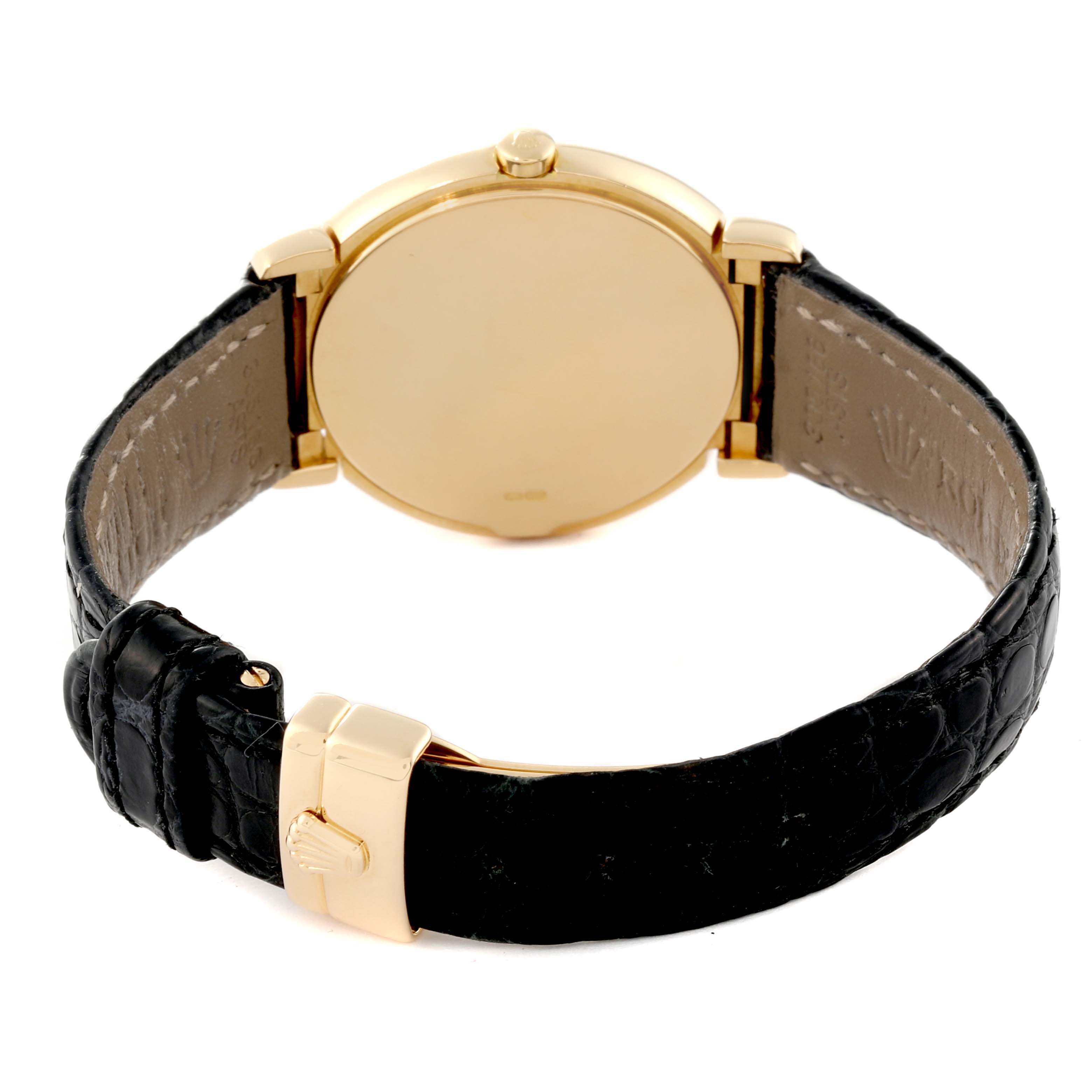The image shows the back view of a Rolex Cellini 6622 Women's Yellow Gold White Dial 6622 Women's Yellow Gold White Dial watch, highlighting its gold case and black leather strap.