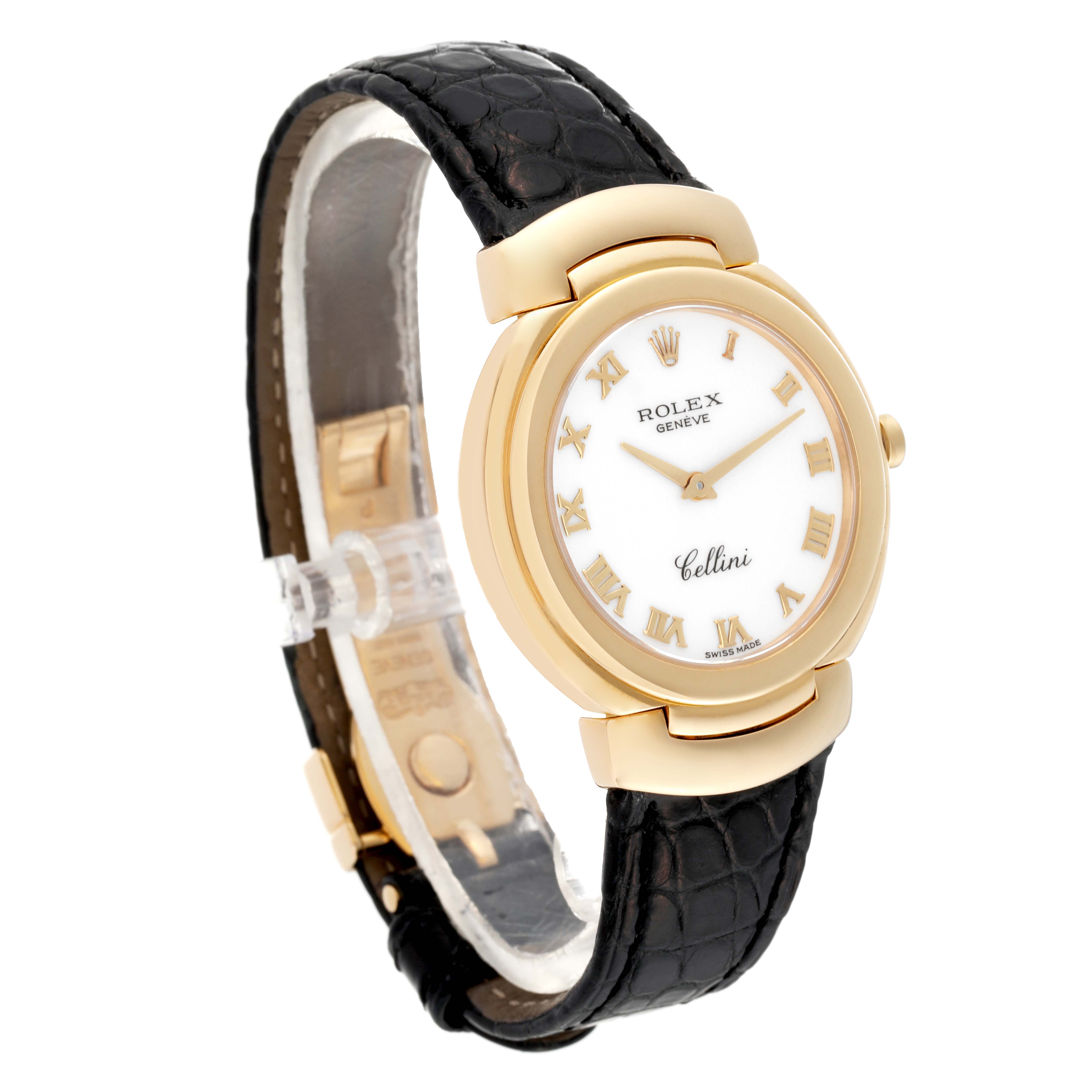This image shows a Rolex Cellini 6622 Women's Yellow Gold White Dial 6622 Women's Yellow Gold White Dial watch from an angled front view, highlighting the face, strap, and clasp.