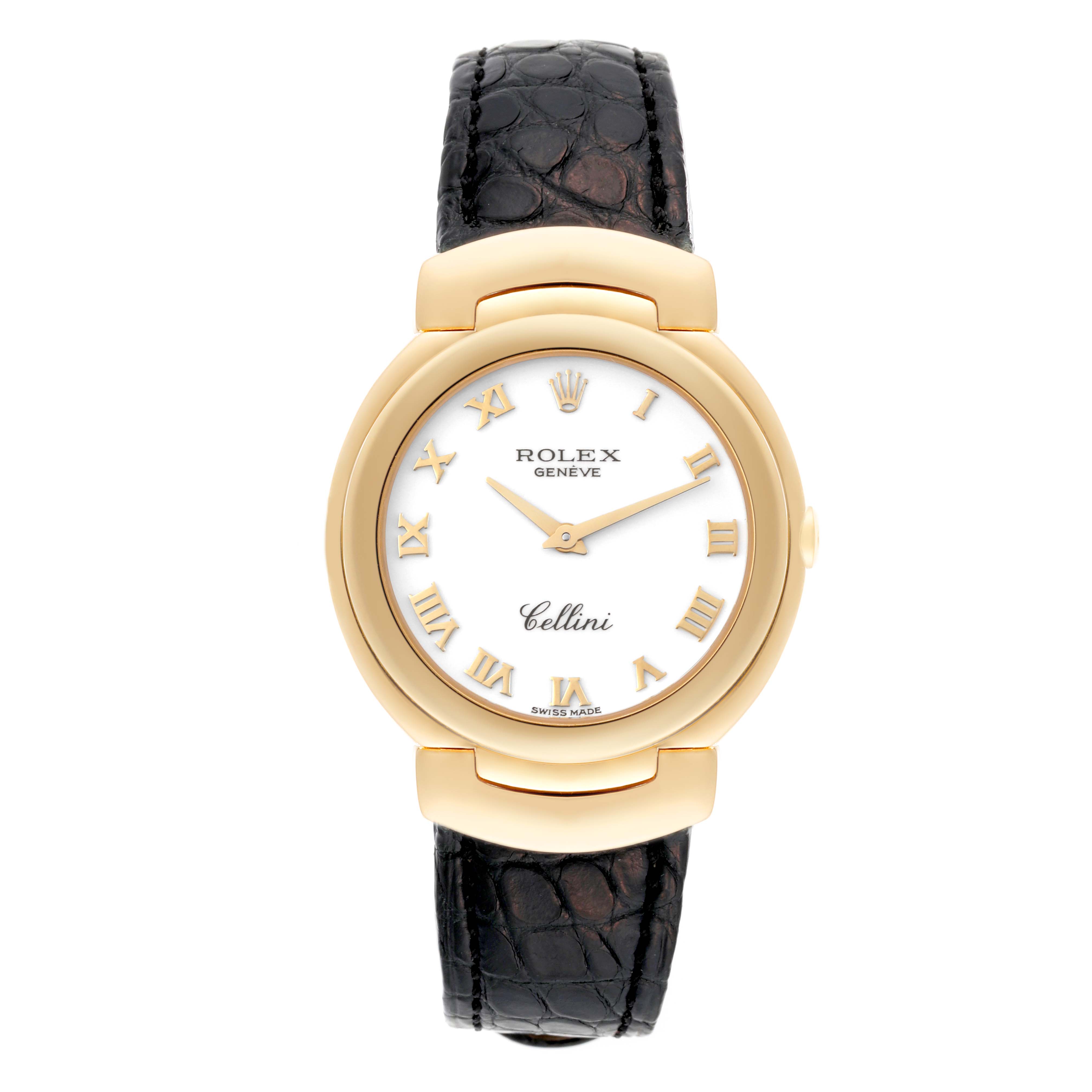 The image shows a front view of a Rolex Cellini 6622 Women's Yellow Gold White Dial 6622 Women's Yellow Gold White Dial watch, displaying its round gold case, white dial, Roman numerals, and leather strap.
