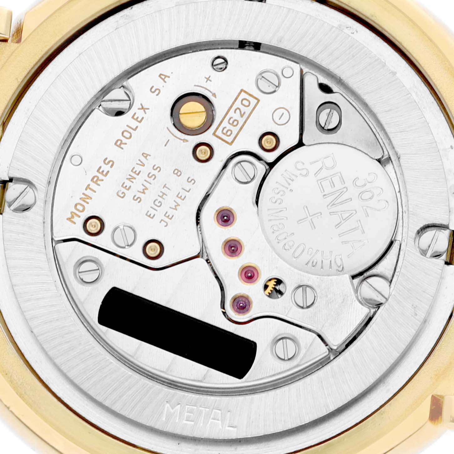 The image shows the movement and inner mechanism of a Rolex Cellini 6622 Women's Yellow Gold White Dial 6622 Women's Yellow Gold White Dial watch.