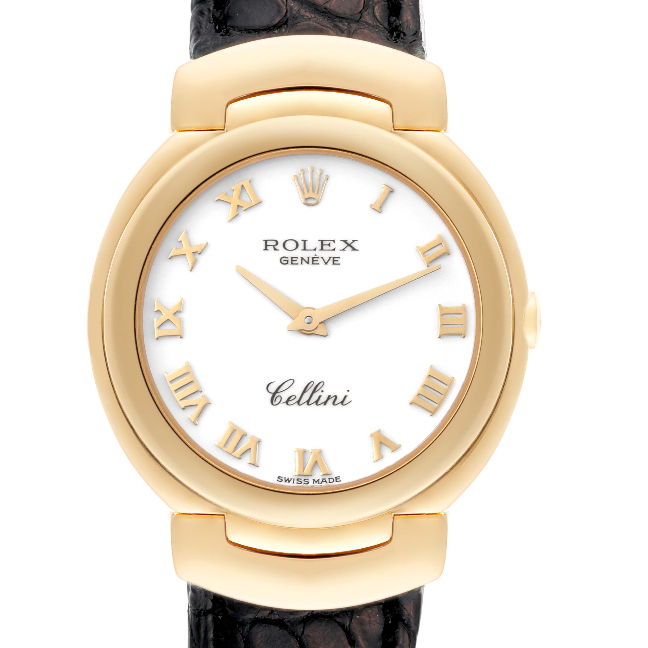 This image shows a straight-on view of the Rolex Cellini 6622 Women's Yellow Gold White Dial 6622 Women's Yellow Gold White Dial watch, showcasing its white dial, gold Roman numerals, and leather strap.
