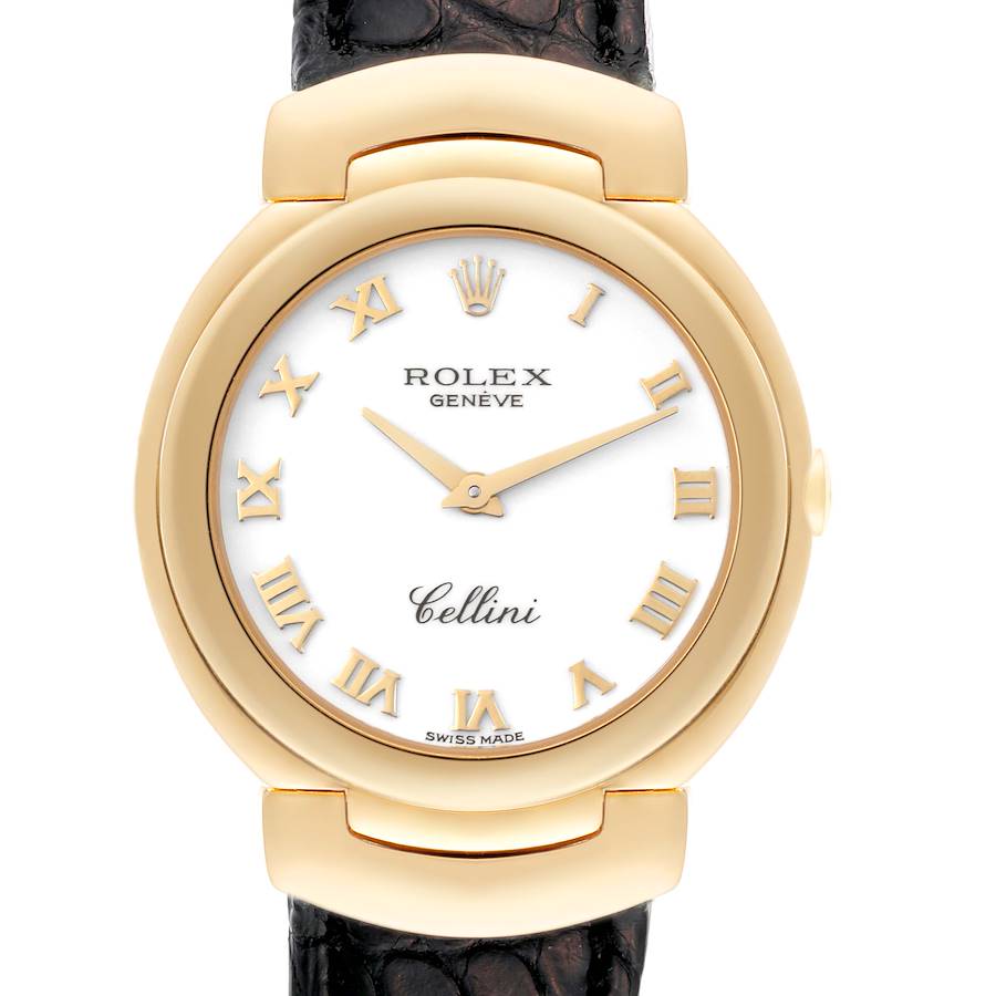 This image shows a straight-on view of the Rolex Cellini watch, showcasing its white dial, gold Roman numerals, and leather strap.