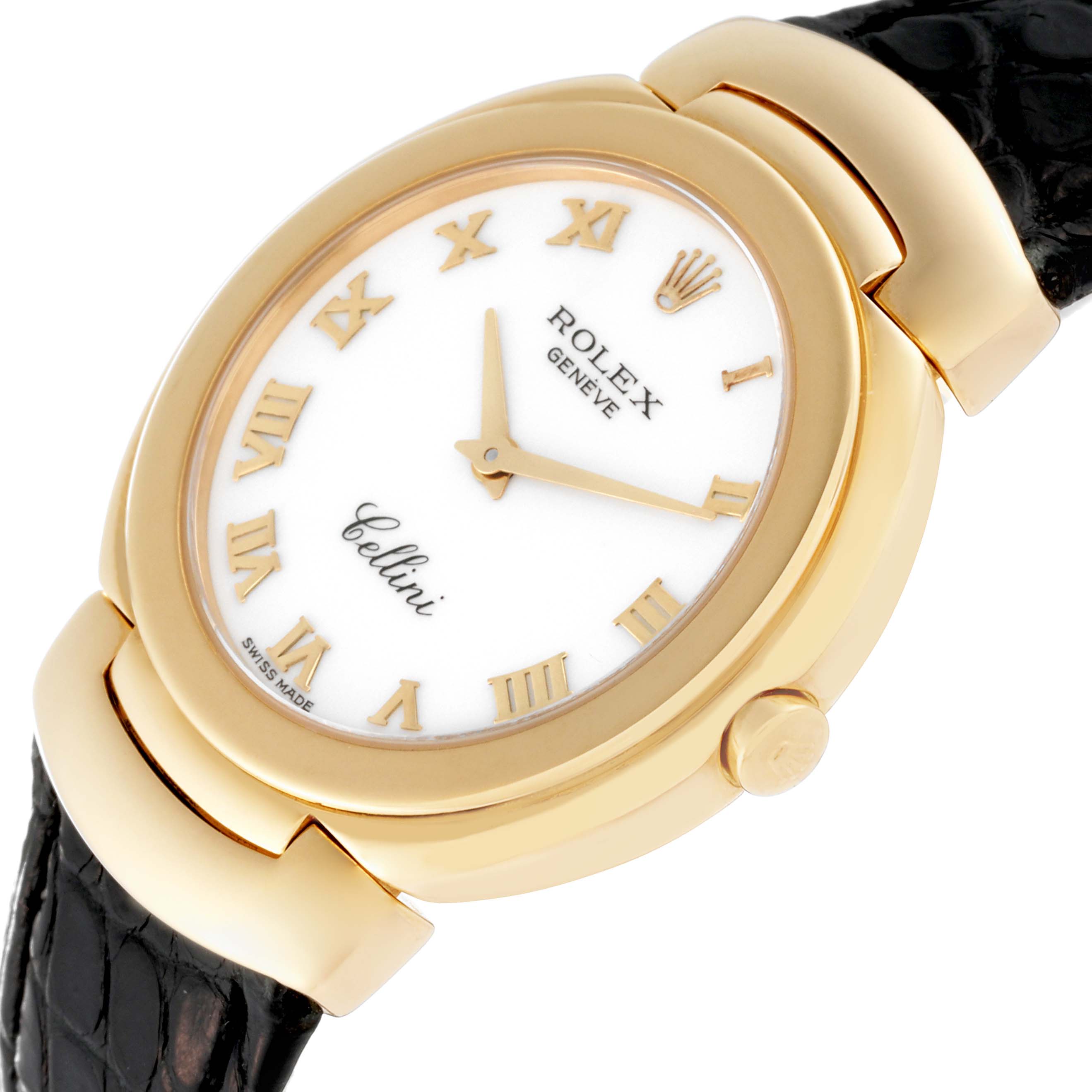 This Rolex Cellini 6622 Women's Yellow Gold White Dial 6622 Women's Yellow Gold White Dial watch is shown at an angled view, highlighting the face, gold case, crown, and black leather strap.