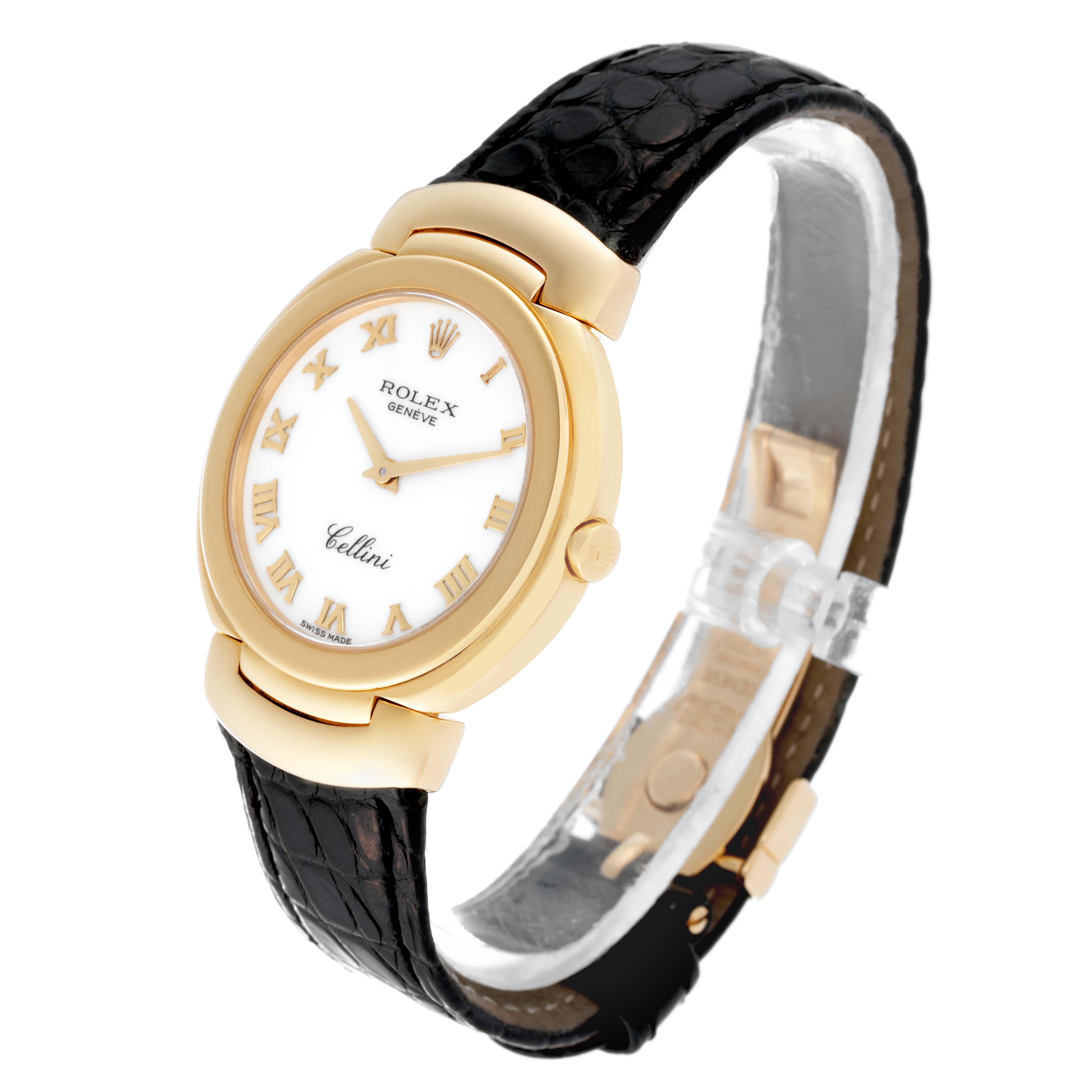This image shows a side-angle view of the Rolex Cellini 6622 Women's Yellow Gold White Dial 6622 Women's Yellow Gold White Dial watch, highlighting the dial, bezel, and leather strap.