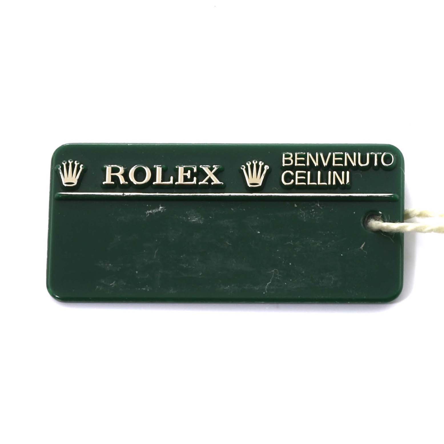 The image shows a green tag with "ROLEX" and "BENVENUTO CELLINI" in white, likely an accessory for the Rolex Cellini 4233/9 Men's White Gold Black Dial 4233/9 Men's White Gold Black Dial model.