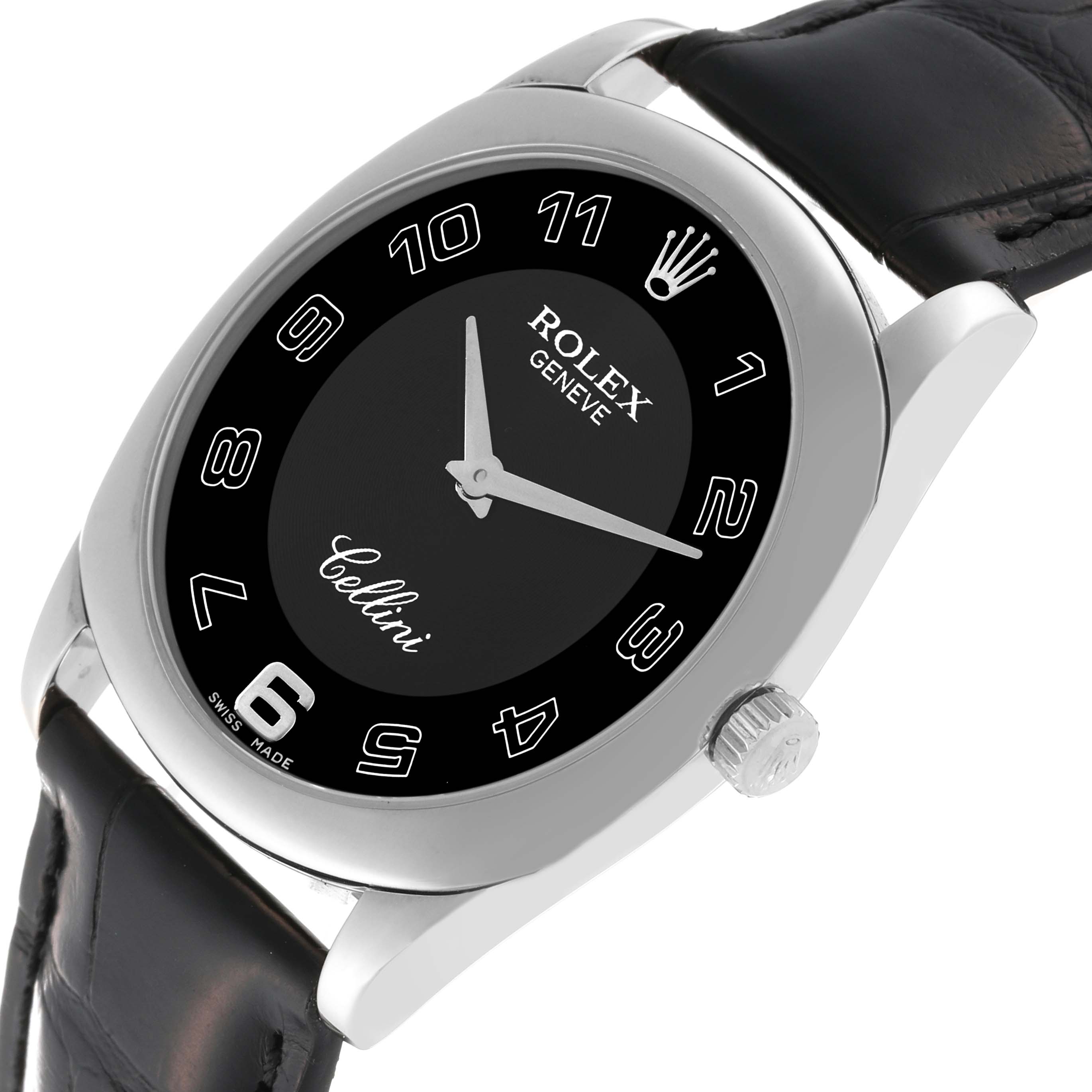 The Rolex Cellini 4233/9 Men's White Gold Black Dial 4233/9 Men's White Gold Black Dial watch is shown at an angled view, highlighting the dial, crown, and leather strap.